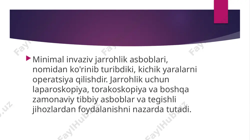 iklanish va yaxshi estetik natijaga e'tibor qaratadigan protsedurani bajarishga qaratilgan. aralashuv turiga qarab, muolaja mitral va/yoki triküspid qopqoqqa va atriyal bo'shliqlarga taalluqli barcha patologiyalarga (interatrial nuqsonlar, o'tkazuvchan teshik, ovale) kirish uchun taxminan 5 sm o'ng mini-torakotomiya orqali amalga oshirilishi mumkin. va hokazo) yoki chap qorinchaga tegishli patologiya uchun chap mini-torakotomiya (koronar arteriya kasalligi, ogohlantiruvchi elektrodlarni implantatsiya qilish va boshqalar). image1.jpeg image2.jpeg image3.jpeg image4.jpeg image5.jpeg image6.jpeg