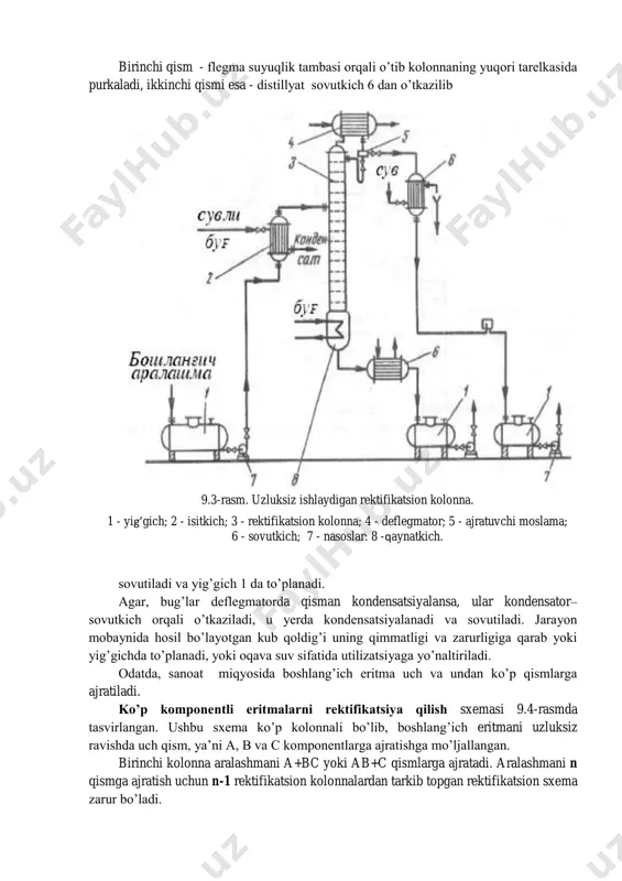 tsion kolonnalardan tarkib topgan rektifikatsion sxema zarur bo’ladi. 9.3-rasm. uzluksiz ishlaydigan rektifikatsion kolonna. 1 - yig’gich; 2 - isitkich; 3 - rektifikatsion kolonna; 4 - deflegmator; 5 - ajratuvchi moslama; 6 - sovutkich; 7 - nasoslar: 8 -qaynatkich. davriy ishlaydigan rektifikatsion kolonnaning prinitsipial sxemasi 9.5-rasmda keltirilgan. boshlang’ich aralashma bug’ bilan isitilayotgan qaynatkichga uzatiladi. qaynash temperaturasigacha isitilgan aralashmaning bug’lari rektifikatsion kolonnaning pastki qismiga yuboriladi. kolonna bo’ylab tepaga ko’tarilayotgan bug’lar yengil uchuvchan komponent bilan boyib boradi, so’ng esa deflegmatorga tushadi. u yerda kondensatsiyalanadi. xuddi uzluksiz ishlaydigan rektifikatsiya sxemasidek, kondensat flegma va distillyatga ajraydi. qurilmadagi kub qoldig’i to’kiladi va u yangi boshlang’ich aralashma bilan to’ldiriladi. 4. rektifikatsion kolonnalarni hisoblash ma’lumki, halq xo’jaligining turli sohalarida rektifikatsiya jarayoni juda ko’p ishlatiladi. bu jarayonni amalga oshirishda tarelkali kolonnalardan keng ko’lamda foydalaniladi. misol tariqasida etil spirti-suv aralashmasini ajratish uchun uzluksiz ishlaydigan rektifikatsion kolonnani (tarelkali) hisoblashni ko’rib chiqamiz. etil spirti-suv aralashmasining massaviy sarfi g=800 kg/soat etil spirtining boshlang’ich …
