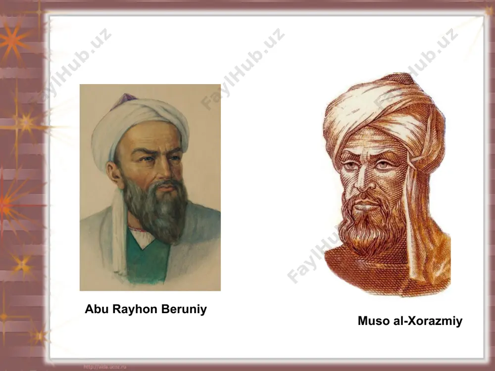 mustaqil o'zbekiston zaminida bu alloma nomini e'zozlab, 1998 yilda bu zoti sharif tavalludining 1200 yilligini shodiyona sifatida nishonlaganimiz tarixiy haqiqatning tiklanganligi bo'ldi. «ahmad al-farg'oniy,-deb ta'kidlagandi i.a.karimov alloma yubileyi tantanalarida so'zlagan nutqida,-kishilik tarixidagi ilk uyg'onish davrining eng zabardast va yorqin namoyondalaridan biri o'z zamonasi fundamental fani asoschilaridan edi. uning merosi insoniyatning yangi ilm cho'qqilariga ko'tarilishiga sababchi bo'ldi butun ma'rifiy dunyo olimlari uchun dasturulamal bo'lib xizmat qildi». jahon fani ravnaqiga benazir hissa qo'shgan uyg'onish fani davri daholari orasida buyuk yurtdoshimiz abu nasr farobiy (873-950) siymosi yorug' yulduzdek fan osmonida charaqlab turadi. o'zining qomusiy bilimlari, ayniqsa, falsafa sohasidagi betimsol xizmatlari bilan «muallim us-soniy» («ikkinchi muallim» aristoteldan keyin), «sharq arastusi» nomi bilan mashhurdir. ilmu urfonga oshuftalik, insoniyat baxtu saodati yo'liga o'zini baxshida etishlik forobiy o'z tug'ilgan ona yurti-farob (o'tror)ni o'smirlik chog'idanoq tark etib, o'sha davrning eng mashhur ilm maskanlari hisoblangan eron va arabiston shaharlariga borib bir umr ilm-fan bilan mashg'ul bo'lishga undaydi. u tabiiy …