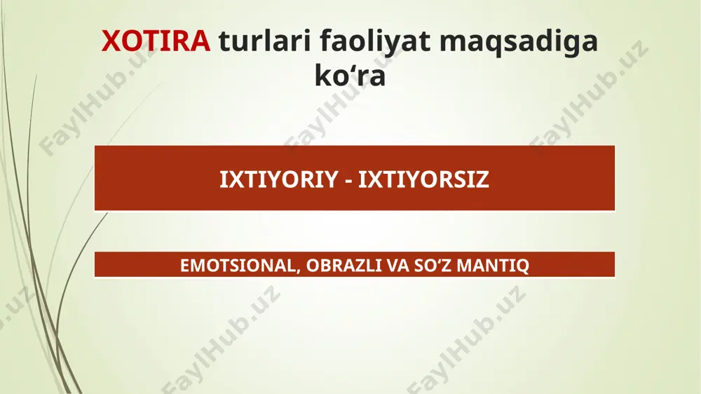 ʻqolib ketmay, ongimizda saqlanib qolishi. unutish –avval idrok qilingan yoki esda qoldirilgan narsa va hodisalarni zarur paytda esga tushira olmaslik. tanib olish –avval esda qoldirilgan narsa va hodisalarni takror idrok qilish orqali esga tushirishdan iborat. esda qoldirish oʻzining faolligi jihatidan ikkiga boʻlinadi : a) ixtiyorsiz esda qoldirish - oldindan maqsad quyilmaydi , mavzu tanlanmaydi va iroda kuchi sarflanmaydi . b) ixtiyoriy esda qoldirish - oldindan maqsad qoʻyib mavzu belgilanadi . ( maqsad qoʻyish ) esga tushirishning quyidagi turlari mavjud : tanish - ilgari idrok qilingan narsa va hodisalarni takror idrok qilish natijasida u yoki bu hodisani esga tushirishdir eslash - narsa va hodisalarni , uni ayni paytda idrok qilmay esga tushirishdir . bevosita eslash - tushirish materialni idrok qilish ketidanoq esga tushirishdan iborat . vaqt oʻtkazib eslash - esda olib qolingan narsani oradan bir qancha vaqt oʻtkazib esga tushirishdirki , bunda shu orada ongimizda boshqa jarayonlar oʻtgandek boʻladi . ixtiyorsiz …