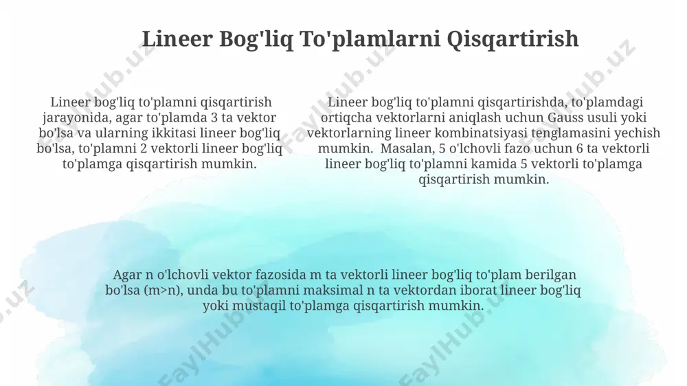 tenglamasini nolga teng bo'lmagan c₁, c₂, ..., cₙ koeffitsiyentlari yechimi mavjud bo'lganda qo'llaniladi. lineer bog'liqlik va matritsalar lineer bog'liq vektorlar to'plamini hosil qiluvchi vektorlar soni to'plamning o'lchamidan katta bo'ladi, masalan, 4 ta 3 o'lchamli vektor lineer bog'liq bo'lishi mumkin. agar matritsaning ustunlari yoki satrlari orasida lineer bog'liqlik mavjud bo'lsa, uning determinant 0 ga teng bo'ladi, bu esa matritsaning teskari matritsasining mavjud emasligini bildiradi. 3x3 o'lchamli matritsaning ustunlari lineer bog'liq bo'lsa, ular bir tekislikda yotadi va bu uchta vektor orqali hosil bo'lgan parallelepipedning hajmi 0 ga teng bo'ladi. lineer bog'liqlik va tenglamalar sistemalari agar n ta vektor m o'lchovli bo'lsa va n > m bo'lsa, bu vektorlar to'plami chiziqli bog'liq bo'ladi. masalan, 5 ta vektor 3 o'lchovli fazo uchun chiziqli bog'liq. chiziqli bog'liqlikka ega bo'lgan 3 ta vektorli to'plam, masalan, {v1=(1,2), v2=(2,4), v3=(3,6)} tenglama sistemasini c1v1 + c2v2 + c3v3 = 0 ko'rinishida 0 dan farqli c1, c2, c3 koeffitsiyentlari yechimini …