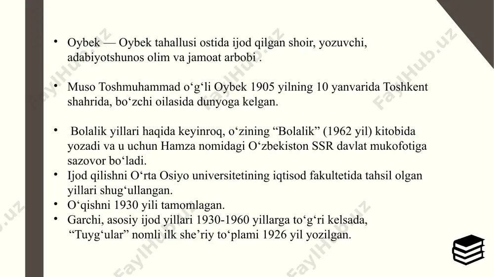 iz ishlaydigan shaxs 8.verbal muloqot -ikki yoki undan ortiq shaxslarning soz ,nutq asosida fikr almashishlari 9.avtoritet-boshqa insonlarning hatti harakatlari va xulqatvorlarini boshqarish un berilgan, qonuniylashtirilgan huquq •foydalanilgan adabiyotlar •https://uzbaza.uz/alisher-navoiy-haqida-sherlar/ •https://kh-davron.uz/kutubxona/alisher-navoiy/alisher-navoiy-kecha-kelgumdur-debon-ul-sarvi-gulro-kelmadi-munojot.html •https://elib.buxdu.uz/index.php/pages/referatlar-mustaqil-ish-kurs-ishi/item/14367-alisher-navoiy-lirik-merosining-bugungi-kunda-o-rganilishi •https://bilimlar.uz/alisher-navoiy-eng-sara-gazallari-toplami/ image1.png image2.jpeg image3.png image4.png image5.jpeg image6.png image7.jpeg image8.png image9.jpeg image10.png image11.png image12.png image13.png image14.png image15.jpeg