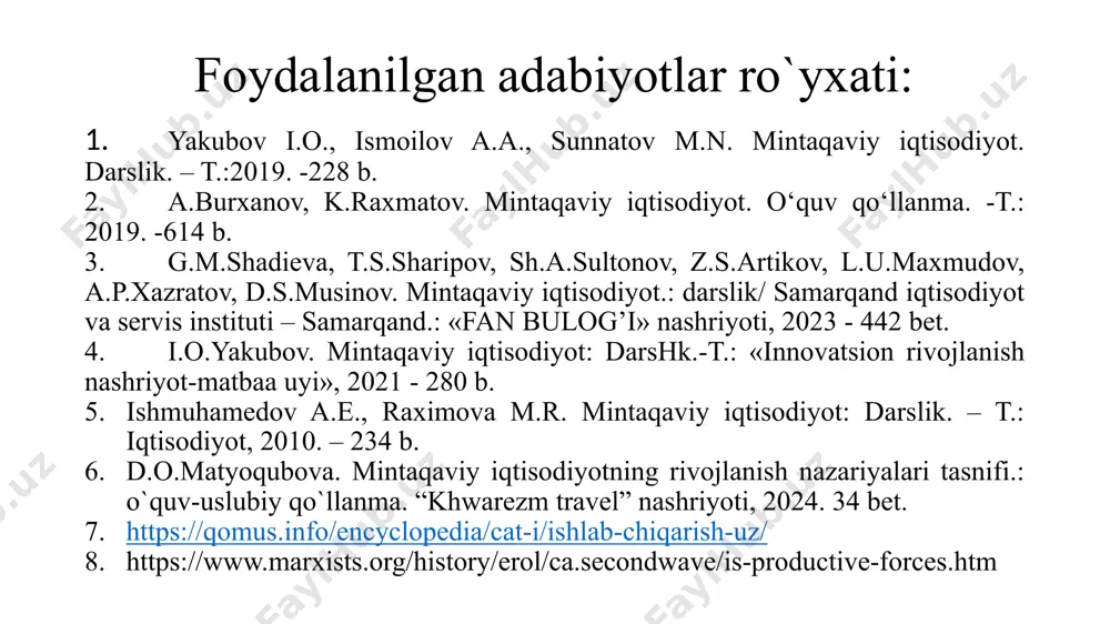 qsa, ishlab chiqarish vositalarining egalari va egalari bo'lmaganlar o'rtasida vujudga keladigan ijtimoiy munosabatlar tushuniladi. ishlаb chiqаrishning tаrkibiy tuzilishi ilmiy manbalarda ishlab chiqarish kuchlarini rivojlantirish va joylashtirishning quyidagi asosiy tamoyillari ajratiladi: ishlab chiqarish tizimlarini xomashyo manbalari, yoqilg‘i va energiya resurslarini iste’mol mintaqalariga yaqin joylashtirish; yuqori samarali bo‘lgan tabiiy resurslarni o‘zlashtirish va majmuali foydalanish tizimini barpo qilish; mamlakat va mintaqalarda ekologik holatni sog‘lomlashtirish, atrofmuhitni muhofaza qilish va tabiiy resurslardan foydalanishning samarali mexanizmini ishlab chiqish va amalga oshirish, tabiatdan foydalanishning boshqaruv tizimini takomillashtirish; ilmiy manbalarda ishlab chiqarish kuchlarini rivojlantirish va joylashtirishning quyidagi asosiy tamoyillari ajratiladi: xalqaro kommunikatsiya tizimlarini rivojlantirish va qulay geostrategik mavqeidan samarali foydalanish asosida xalqaro mehnat taqsimotidagi ishtirokini chuqurlashtirib, kengaytirib borish, yaqin va uzoq xorijiy mamlakatlar bilan aloqalarni rivojlantirish; yirik shaharlarning haddan tashqari rivojlanishini tartibga solish, kichik va o‘rta shaharlarning ijtimoiy-iqtisodiy taraqqiyotini tezlashtirish, mintaqalarning ijtimoiy-iqtisodiy rivojlanish darajasidagi tabaqalanish jarayonini boshqarish, iqtisodiyot tarmoqlari dasturlarini ishlab chiqish va amaliyotga tatbiq etish. ishlab chiqarish …