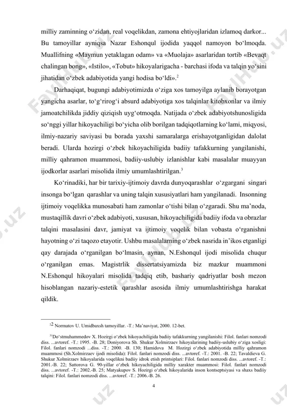 alanish mumkin. shuningdek, oliy o‘quv yurtlarida o‘zbek adabiyoti bo‘yicha maxsus kurslar va seminar mashg‘ulotlarini tashkil etishda ham manba sifatida xizmat qilishi mumkin. dissertatsiyaning ilmiy yangiligi. n.eshonqul hikoyalarining o‘ziga xos qirralari bir qancha nomzodlik dissertatsiyalarida muayyan darajada o‘rganilgan. mazkur magistrlik dissertatsiyamizda adib hikoyalari monografik yo‘sinda keng tahlil qilinib, bashariy qadriyatlar bosh mezon hisoblangan nazariy-estetik qarashlar asosida ilmiy umumlashtirilmoqda. tadqiqot ob’ekti va predmeti. prezidentimiz i.karimov asarlaridagi adabiyot va san’at, tarix, ma’naviyat, ma’rifat hamda milliy mafkura va milliy g‘oya masalalari yuzasidan ilgari surilgan nazariy fikrlar magistrlik dissertatsiyasining metodologik asosini tashkil etadi. belgilangan masalalarni tadqiq etishda jahon, rus, o‘zbek adabiyotshunosligidagi nazariy qarashlarga tayanildi. qahramon tanlash, badiiy idrok va ifoda etishdagi adiblarning o‘ziga xosligini yoritishda qiyosiy-tarixiy o‘rganish metodidan foydalanildi. tadqiqotda n.eshonqul hikoyalari ilmiy-nazariy tahlil qilinib, ba’zi o‘rinlarda istiqlolgacha bo‘lgan va istiqlol davri hikoyachiligimiz namunalari bilan qiyoslandi. dissertatsiyaning tuzilishi. dissertatsiya kirish, uch bob, umumiy xulosalar hamda foydalanilgan adabiyotlar ro‘yxatidan iborat bo‘lib, hajmi 73 sahifani tashkil etadi. …