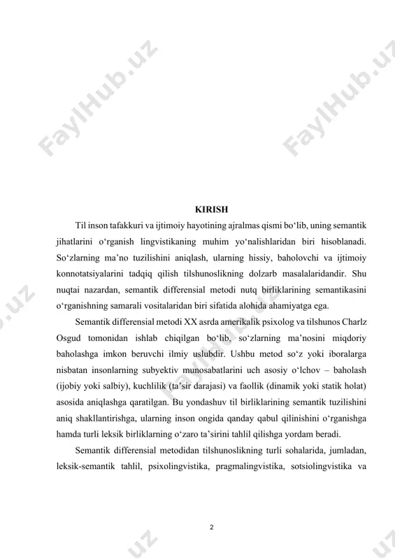 og‘liqligi o‘rganiladi. ushbu ishda semantik differensial metodi orqali nutq birliklarining semantik xususiyatlari tahlil qilinadi, ushbu metodning nazariy asoslari ochib beriladi hamda uning lingvistik tadqiqotlardagi amaliy qo‘llanilish imkoniyatlari yoritiladi. shu bilan birga, so‘zlarning asosiy va konnotativ ma’nolarini baholash mezonlari, semantik xarita yaratish usullari va natijalarni interpretatsiya qilish tamoyillari ko‘rib chiqiladi. mazkur tadqiqot natijalari semantik differensial metodining tilshunoslikda qo‘llash imkoniyatlarini yanada kengaytirish, nutq birliklarining semantik strukturasi haqida chuqurroq tasavvur hosil qilish va tilning inson ongiga ta’sirini chuqur tahlil qilishga xizmat qiladi. kurs ishining mavzusining dolzarbligi: tilshunoslik va psixolingvistika sohalarida so‘z va nutq birliklarining ma’no tuzilishini chuqur o‘rganish dolzarb masalalardan biri hisoblanadi. inson tafakkurining til orqali ifodalanishi, nutq birliklarining semantik xususiyatlari va ularning hissiy ta’siri zamonaviy lingvistik tadqiqotlarda keng o‘rganilmoqda. shu nuqtai nazardan, semantik differensial metodi so‘z va iboralarning subyektiv qabul qilinishini o‘lchash imkonini beruvchi samarali usul sifatida alohida ahamiyat kasb etadi. ushbu metod yordamida lug‘aviy birliklarning denotativ va konnotativ ma’nolari, hissiy va …