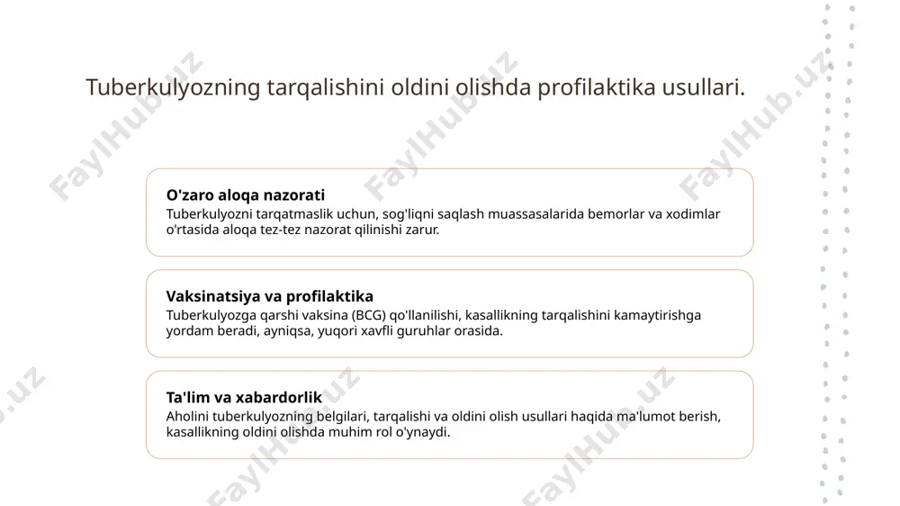 bo'lib, 1920-yillarda birinchi sanitariya tashkilotlari tuzildi. muhim voqealar 1960-yillarda tuberkulyozga qarshi keng qamrovli immunizatsiya dasturlari joriy qilindi, bu infeksiyaning tarqalishini sezilarli darajada kamaytirdi. zamonaviy yondashuvlar hozirgi kunda o'zbekistonda tuberkulyozga qarshi kurashda innovatsion texnologiyalar va xalqaro hamkorlik muhim o'rin egallamoqda, bu esa samaradorlikni oshiradi. sog'liqni saqlash tizimida tuberkulyozga qarshi kurashning zamonaviy usullari. sog'liqni saqlash tizimida tuberkulyozga qarshi kurashning zamonaviy usullari, kasallik tarqalishini oldini olish uchun innovatsion yondashuvlarni o'z ichiga oladi. jumladan: - tezkor diagnostika usullari; - vaksinatsiya va profilaktika dasturlari; - kasallarning davolanishida zamonaviy dori vositalari. bu usullar o'zbekistonda va global miqyosda tuberkulyozga qarshi kurashda muhim ahamiyatga ega. photo by mark kassinos on unsplash o'zbekistonda tuberkulyozning oldini olish bo'yicha xalqaro tajribalar. xalqaro tajribalar innovatsion yondashuvlar jamiyat ishtiroki o'zbekistonda tuberkulyozni oldini olish uchun xalqaro tajribalar, masalan, sog'liqni saqlash tashkilotining strategiyalari va xalqaro hamkorliklar o'rganilmoqda. tuberkulyozga qarshi innovatsion yondashuvlar, masalan, vaktsinatsiya va tezkor diagnostika usullari, o'zbekistonda muvaffaqiyatli amalga oshirilmoqda. o'zbekistonda tuberkulyozga qarshi kurashda …