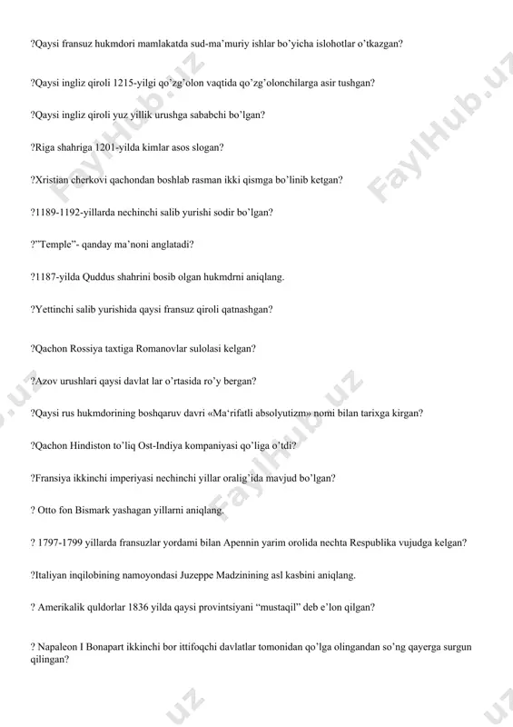 lda venetsiya qaysi davlatdan ajratilib italiyaga qo’shildi? ? amerika qo’shma shtatlarining birinchi prezidenti kim bo’lgan? ? 1810-1818 yillarda aqsh ispaniyada qaysi hududni tortib olgan? ?luiziana hududini aqsh qaysi davlatdan 15 million dollar evaziga sotib olgan? ? aqsh kongresida umumiy nechta partiya mavjud? ?aqsh respublikachilar partiyasi qachon teshkil etilgan? ? aqshda respublikachilar partiyasidan birinchi marta prezidentlikka saylangan shaxs? ? aqshda 1861 yil qish-bahor oylarida nechta shtatdan iborat janubiy konfederatsiya tuzildi? ? qulchilikni bekor qilish to’g’risidagi qaror aqsh konstitutsiyasidagi nechinchi o’zgarish hisoblanadi? ? aqshda qaysi prezident 1876 yilda dеmоkratik partiyadan saylangan? ? avstriya-vengriya taxt vorisi frans ferdinandni o’ldirgan gavrilo prinsip qaysi tashkilot a’zosi edi? ? germaniyaning 1915 yilgi urush rejasi kim tomonidan ishlab chiqilgan edi? ? birinchi jahon urushida umumiy qancha odam halok bo’lgan? ? tarixda qaysi “buyuk osiyo” davlatini qurmoqchi bo’lgan ? 1939-yilning 15-martida gitler qaysi davlatni bosib oldi? ? 1937 yil iyulida yaponiya militarizmi qaysi davlatga qarshi ochiqdan-ochiq urush boshladi? …