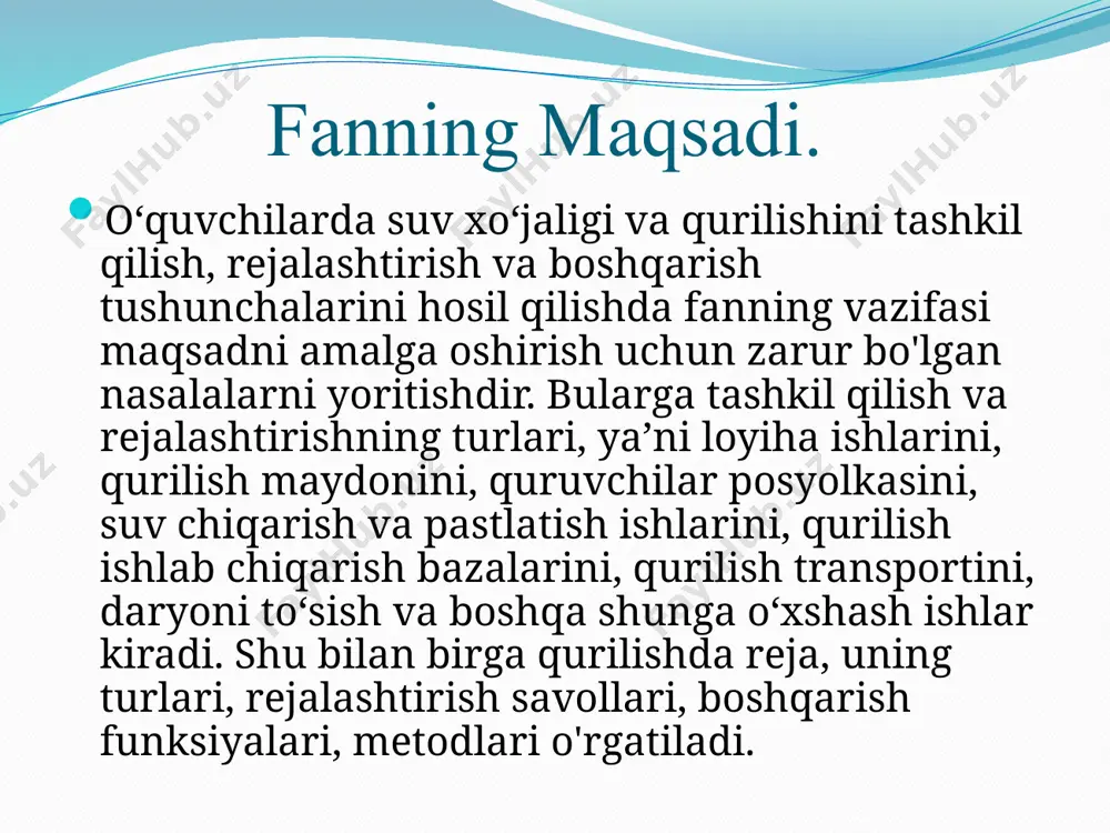 tar- tibini aniqlovchi tadbirlaming oldindan belgilanishidir boshqarish — bu belgilangan vazifani bajarish maqsadida texnik, iqtisodiy, tabiiy va boshqa qonunlarga asoslanib ishlab chiqarish jamoasiga ta’sir etishdir. suv xo‘jaligi boshqaruv apparatining tashkiliy tuzilmalari irrigatsiya tizimlari havza boshqarmasiga qishloq va suv xo‘jaligi vazirligining buyrug‘i bilan tanlov asosida lavozimga tayinlanadigan boshliq rahbarlik qiladi. irrigatsiya tizimlari boshqarmalari rahbarlarini tayin- lash vazirlar mahkamasining 2003-yil 21 -iyuldagi 320-sonli qarori asosida amalgti oshiriladi. suv xo‘jaligi obyektlari suv xo‘jaligi obyektlari hududdagi yer usti va osti suvlari hamda ularni muvofiqlashtirish bilan bog'liq bo'lgan inshootlar hisobla- nadi. bularga sug‘orish tizimi, zax qochirish tizimi, suv rejimini tartibga solish maqsadida qurilgan inshootlar kiradi. o‘zbekiston respublikasi suv xo‘jaligi va qurilish obyektlari sifatida quyidagilarni ko'rsatish mumkin: yer maydoni (umumiy), ming. ga...447000 sh.j. sug‘oriladigan yerlar- 4300km sug‘orish tarmog‘i: xo‘jaliklararo kanallar 32400 xo'jalik ichki kanallari 172700 suv quduqlari, dona 10180 zovur tarmog'i, km xo‘jaliklararo 30400 xo‘jalik ichki kanallari 107700 sh.j. yopiq zovurlar 39200 tik zovur quduqlari, dona …