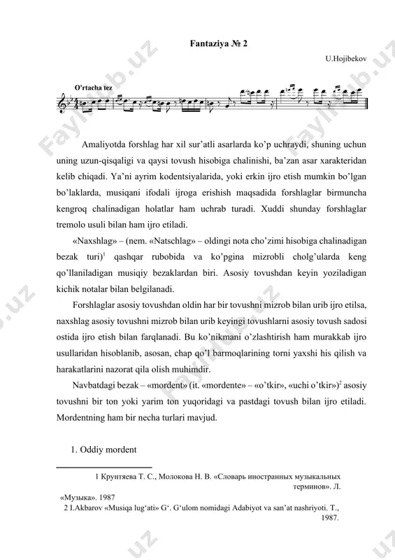 atijasida mordentlar noaniq ijro etiladi. bundan tashqari mordentlar juda yengil xarakterga ega. aynan shu yengillik bilangina, u musiqani bezaydi. buning uchun talaba bilan shu asarni musiqiy tahlil qilish (ayniqsa, yevropa klassiklari asarlarini) asarning xarakterini ochib berishda, har bir elementning ahamiyatini tushunib yetishga, xususan, mordentni kerakli darajada ijro etishga olib keladi. «sayqal»[footnoteref:3] - qashqar rubobida an’anaviy ijrochilikda juda keng qo’llaniladigan bezak turlaridan biri. u mordent belgisining ustiga “+” belgisi qo’yib ifodalanadi. uning 4 turi mavjud. mordent bilan sayqalning asosiy farqi, agar mordentning barcha tovushlari mizrob bilan urilib ijro etilsa, sayqal faqat bir zarb bilan urib, qolganlari esa, shu zarb sadosi ostida chap qo’l bilan torni bosish yo’li bilan amalga oshiriladi. sayqalni ijro etishning asosiy xususiyati zarb berilgan tovushning sadosini o’chirib qo’ymaslikdan iboratdir. bunda zarb berilgan pardani bosib turgan birinchi yoki ikkinchi barmoq pardadan ko’tarilmasdan o’ziga xos glissandolash orqali ohangning uzilmasligiga va keyingi tovush ohangiga ulanishiga olib kelishi kerak bo’ladi. [3: sayqal …