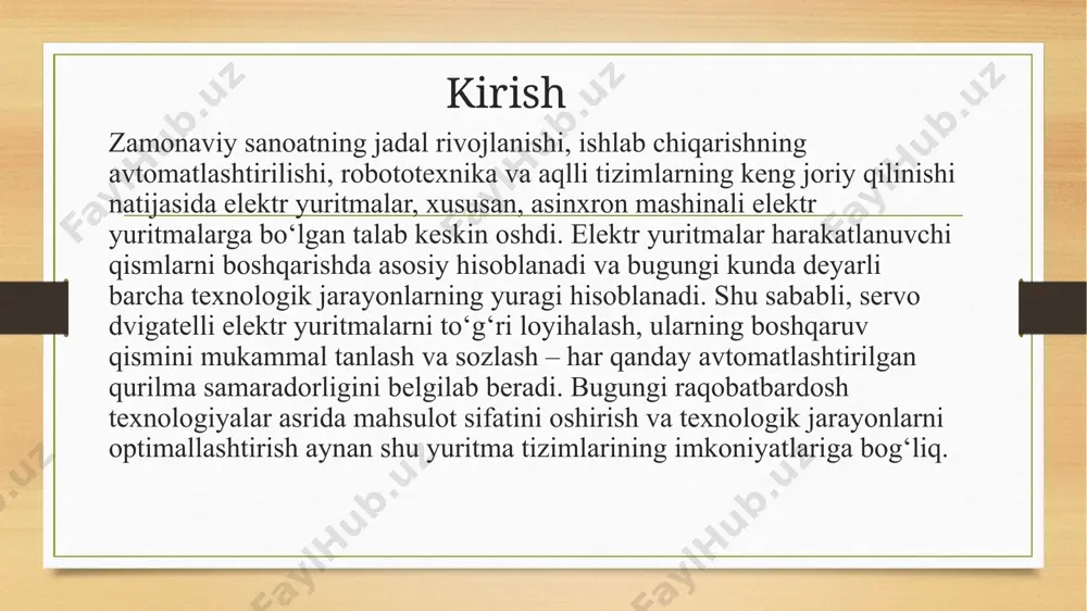 ri uchun ishlab chiqilgan. bu presslar odatda metallni shakllantirish, kesish, buklash, burash, chizish va boshqa mexanik ishlov berish uchun ishlatiladi. ular asosan metallurgiya, avtomobilsozlik, aviatsiya sanoati va boshqa yirik sanoat sohalarida keng qo‘llaniladi. mc2-600 tonnalik press dasgohini umumiy korinishi mc2-600 tonnalik pressning knematik sxemasi bunda 1 elektrodvigatel 2 tasmali uzatma, 3,4 – shesternalar va 5 diskli mufta orqali 6 – krivoship valni aylantiradi. krivoship val 7 shatun yordamida 8 bolg‘ani vertical yo‘nalish bo‘yicha harakatlantiradi. bolg‘aga ustki shtamp, stolga esa ostki shtamp o‘rnatiladi. bu yerda 10 – shkiv maxovik vazifasini bajaradi . krivoship val faqat 5 friktsion mufta yoqilgan holda harakatga keltiriladi, 9 – tormoz friktsion mufti ochiriganda krivoship valni to‘xtatadi. mc2-600 tonnalik press dasgohini ish rejimlari mc2-600 pressining boshqarish tizimi gidravlik yoki elektro-mexanik tizimga asoslanadi. bu tizim pressning yuqori va pastki qismlarini boshqaradi, shuningdek, kerakli bosim va harakatlarni amalga oshiradi. pressda material, odatda metall, mavjud bo‘ladi. bu materiallar pressning yuqori …