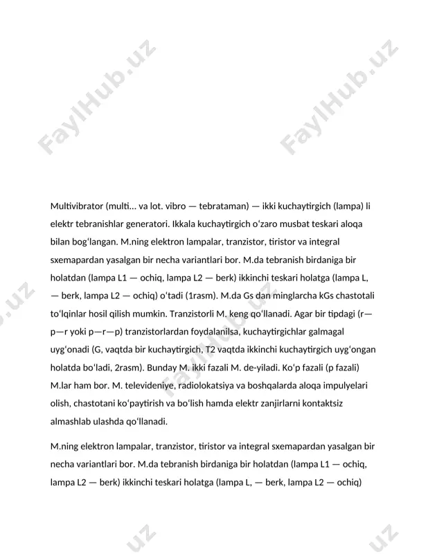 io havaskor faoliyatini boshladi. bu mening birinchi sxemam ham edi - kontrplak bo'lagi, mixlar bilan teshilgan teshiklar, payvandlash temirining etishmasligi uchun ehtiyot qismlar simlari bilan o'ralgan.va hamma narsa juda yaxshi ishladi! ledlar yuk sifatida ishlatiladi. multivibrator ishlayotganida, ledlar o'chadi. birinchi sxema - eng oddiy multivibrator. oddiyligiga qaramay, uning ko'lami juda keng. yo'q elektron qurilma u holda qilmaydi. birinchi rasmda uning sxematik diagrammasi ko'rsatilgan. ledlar yuk sifatida ishlatiladi. multivibrator ishlayotganida, ledlar o'chadi. multivibrator ikkita omilga bog'liq holda deyarli har qanday shakldagi to'lqinni yaratishi mumkin: har ikki kuchaytirgich bosqichining qarshiligi va sig'imi va chiqish sxemasidan chiqadigan joy. misol uchun, agar ikki bosqichning qarshiligi va sig'imi teng bo'lsa, bir bosqich 50% vaqt sarflaydi, ikkinchisi esa 50% vaqt sarflaydi. ushbu bo'limda multivibratorlarni muhokama qilish uchun ikkala bosqichning qarshiligi va sig'imi teng deb taxmin qilinadi. bu shartlar mavjud bo'lganda, chiqish kvadrat to'lqin bo'ladi. bistable multivibratorlar (yoki "flip-floplar") ikkita barqaror holatga ega. turg'un holatda, kuchaytirgichning ikki …