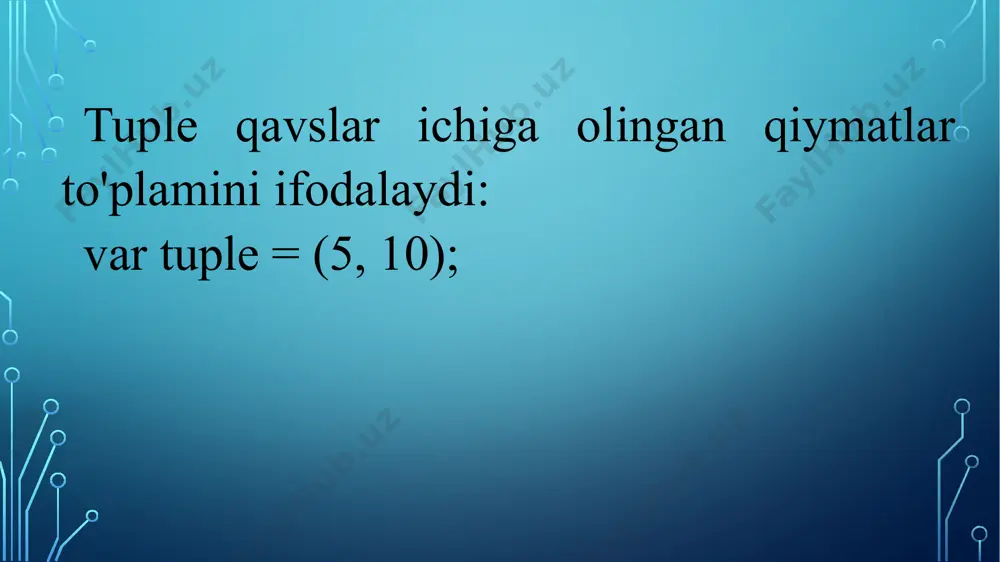 uchun ishlatiladi: struct strukturaning_nomi { // struktura elementlari } struct so'zidan keyin strukturaning nomi keladi, so'ngra strukturaning elementlari - maydonlar, usullar va boshqalar sistemali qavslar ichida joylashtiriladi. masalan, person deb ataladigan va shaxsni ifodalovchi strukturani aniqlaymiz: struct person { } struktura yangi operator bilan yoki yangi operatorsiz yaratilishi mumkin. struct coordinate { public int x; public int y;} coordinate point = new coordinate(); console.writeline(point.x); //output: 0 console.writeline(point.y); //output: 0 strukturaning funksional imkoniyatlariga - maydonlar, usullar va strukturaning boshqa tarkibiy qismlariga murojaat qilish uchun nuqta belgisi qo'llaniladi - struktura ob'ektidan keyin nuqta qo'yiladi, so'ngra struktura komponenti ko'rsatiladi: obyekt.structure_field obyekt.struct_method(metod_parameters) strukturadan foydalanish uchun uni ishga tushirish kerak. struktura ob'ektlarini yaratishni ishga tushirish uchun konstruktorga yangi operator bilan murojaat qilish qo'llaniladi. struktura kodida hech qanday konstruktor aniqlanmagan bo'lsa ham, u kamida bitta konstruktorga ega - kompilyator tomonidan yaratilgan standart konstruktor. ushbu konstruktor hech qanday parametrlarni olmaydi va standart qiymatlarga ega struktura ob'ektini yaratadi. …