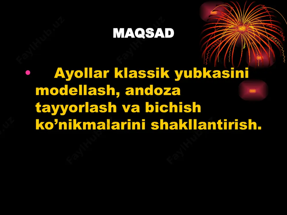 sh chizmasi. (texnologik ishlov berish sxemasi), tikish uchun tavsiya etiladigan materiallar xossalari haqidagi ma’lumotlar aniqlab qo’yiladi. konstruktsiya chizmasida konstruktiv chiziqlar o’rni (bo’ksa, etak) bo’laklardagi montaj kertiklar o’rni aniq ko’rsatiladi. montaj kertiklar yon choklarida (2 tadan) ort o’rta qirqimida (2 ta), bel vitochkalari o’rnida belgilanadi. andazalar turlari, ularni ishlab chiqish uchun qo’yiladigan talablar t-24, t-33, t-38 modullarda keltirilgan. andozalar birikuvchi qirqimlar uzunligi va konfiguratsiyasi bo’yicha solishtiriladi va muvofiqlashtiriladi. andozalar spetsifikatsiyasida bir kiyim komplektiga kiruvchi bo’laklar tartibi va soni keltiriladi. andozalar qirqilgach, texnik shartlar asosida rasmiylashtiriladi. har bir bo’lakka markirovka belgisi qo’yib chiqiladi kiyim nomi razmeri, bo’yi, bichilgan bo’laklar soni bo’lak nomi e’tiboringiz uchun rahmat