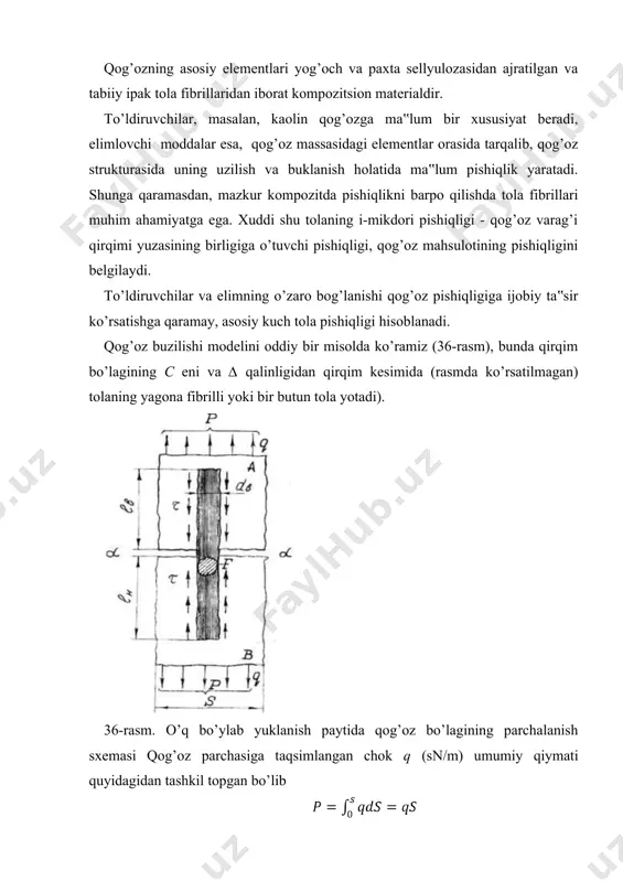 hilikni e‟tiborga olmaganda) tarkib topadi: (25) bu erda fv va fn - tolaning yuqori va quyi qismlari yon sirtining yuzasi bo’lib, chamasi, kuchlanish uzunligi - lv yoki ln kam qismda ko’proq bo’lsa kerak. tolaning uzilishi bo’lganda sodir bo’ladi, tola esa η=/η/ holatida qog’oz massasidan uzilib chiqadi. birinchi afzalroq tolaning tabiiy pishiqligidan to’liq foydalanish mumkin, ya‟ni, (26) bu erda lv (27) holatida quyidagi yig’indi ko’zda tutiladi (28) ya‟ni, statik uzilish tolaning o’rgasi bo’ylab sodir bo’ladi, deb taxmin qilinadi. (27) dan ko’rinib turibdiki, qirqim uzunligi – [ζ] tolaning pishiqlik funksiyasi uning o’sishi bilan uzunlik ham ortishi kerak, [η] elimning tola bilan o’zaro munosabat darajasi (qog’ozning tarkibiy qismlarining elimlash xususiyatlarining ortishi bilan qirqim uzunligi kamayishi mumkin), (ip diametri (fibrillar) (d o’sishi bilan l ham o’sadi). endi tajribaga o’taylik. paxta tolasining parchalanganligi yo’g’onligi - 0,14....0,2 teks, ipak tolasiniki 0,1....0,12. ipak molekulalarining joylanishida birmuncha zichligini, paxta tolasida esa kanal borligini hisobga olganda, ipak tolasi qirqimining …