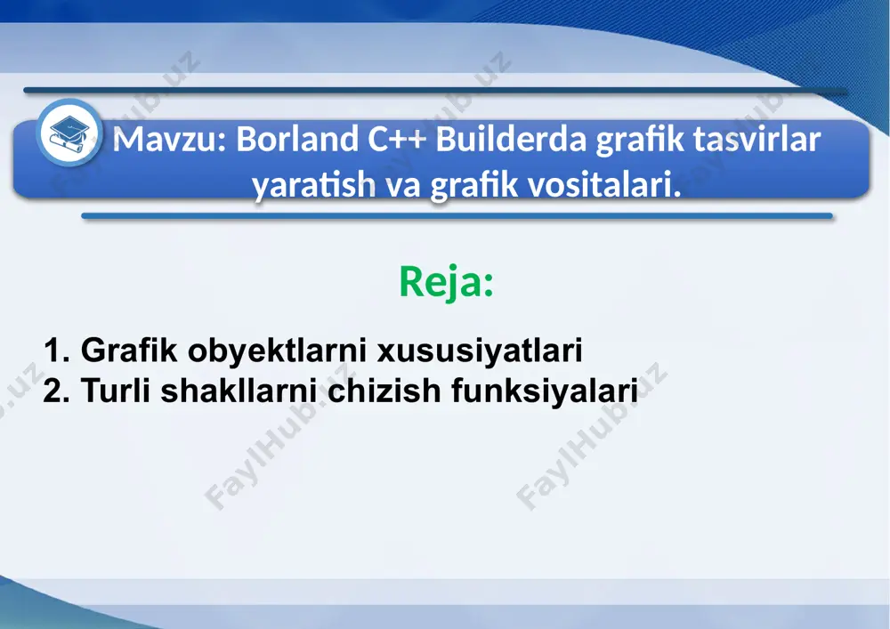 ple pushti claqua firuza citeal ko'kish havorang clwhite oq clgray kulrang grafik obyektlarni xususiyatlari chiziq qalinligi width xossasi orqali piksellarda beriladi. chiziq turini style xossasi belgilaydi. quyidagi jadvalda chiziq turini belgilovchi nomlangan konstantalar sanab o'tilgan. style xossasining qiymatlari: konstanta chiziq ko'rinishi pssolid uzluksiz chiziq psdash punktir chiziq, uzun shtrixlar psdot punktir chiziq, qisqa shtrixlar psdash dot punktir chiziq, uzun va qisqa shtrixlar ketma-ketligi psdash dot dot punktir chiziq, bitta uzun va ikkita qisqa shtrixlar ketma-ketligi psclear chiziq aks etmaydi grafik obyektlarni xususiyatlari mode xossasi chiziq rangining fon rangiga munosabatini ko'rsatadi. odatda chiziq rangi pen->color xossasining qiymati bilan belgilanadi. dasturchi chiziq uchun fon rangiga nisbatan invers rang berishi mumkin. bu holda hatto chiziq va fon rangi bir xil berilgan bo'lsa ham chiziq ajralib turadi. quyidagi jadvalda mode xossasining qiymati sifatida ishlatish mumkin bo'lgan konstantalar berilgan. konstanta chiziq rangi pmblack pmwhite pmcopy pmnotcopy pmnot qora, pen->color xossasining qiymatiga bog'liq emas ok, pen-> …