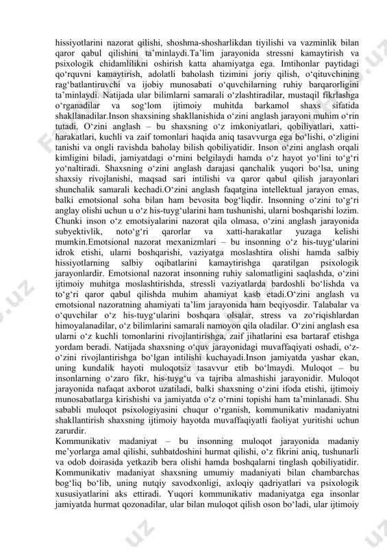 ladi. ta’lim jarayonida esa bilimlarni o‘zlashtirish qiyinlashadi, diqqat susayadi, imtihonlarda muvaffaqiyatsizlikka olib kelishi mumkin.stressga qarshi kurashishda psixologik chidamlilik muhim o‘rin tutadi. psixologik chidamlilik insonning qiyin vaziyatlarda ruhiy muvozanatini saqlab qolishi, sabr-toqatli bo‘lishi, to‘g‘ri qaror qabul qila olishi va stressning salbiy oqibatlariga bardosh berishi qobiliyatini bildiradi. chidamlilikni shakllantiruvchi asosiy omillar motivatsiya, o‘ziga bo‘lgan ishonch, moslashuvchanlik va o‘zini boshqara olish qobiliyatlaridir. kuchli motivatsiya insonga o‘qishda va hayotda aniq maqsad sari intilish imkonini beradi. o‘ziga bo‘lgan ishonch qiyinchiliklarga qaramay muvaffaqiyatga erishish kuchini beradi. moslashuvchanlik esa yangi sharoit va talablarni tez qabul qilish hamda ularga moslasha olishni ta’minlaydi. o‘zini boshqarish ko‘nikmasi insonning hissiyotlarini nazorat qilishi, shoshma-shosharlikdan tiyilishi va vazminlik bilan qaror qabul qilishini ta’minlaydi.ta’lim jarayonida stressni kamaytirish va psixologik chidamlilikni oshirish katta ahamiyatga ega. imtihonlar paytidagi qo‘rquvni kamaytirish, adolatli baholash tizimini joriy qilish, o‘qituvchining rag‘batlantiruvchi va ijobiy munosabati o‘quvchilarning ruhiy barqarorligini ta’minlaydi. natijada ular bilimlarni samarali o‘zlashtiradilar, mustaqil fikrlashga o‘rganadilar va sog‘lom ijtimoiy muhitda …
