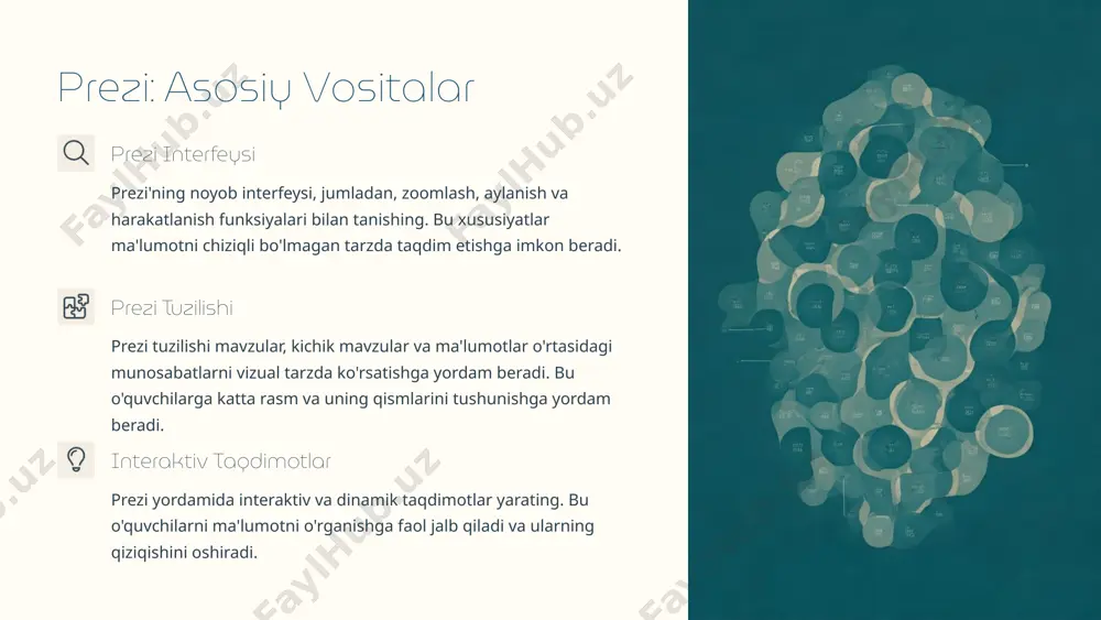 va ma'lumotni tushunishni osonlashtiradi. afzalliklari prezi o'quv jarayonida murakkab g'oyalarni vizual ravishda bog'lash va tushuntirish uchun ajoyib vositadir. o'quvchi jalb qilish noyob vizual yondashuv o'quvchilarni faol jalb qiladi va ularning o'rganish motivatsiyasini oshiradi. 8 o'quv taqdimotlarini baholash maqsadga muofiqlik taqdimotning o'quv maqsadlariga qanchalik mos kelishini baholang. dizayn samaradorligi dizaynning tushunarliligi va ma'lumotni yetkazishdagi rolini ko'rib chiqing. interaktivlik darajasi o'quvchilarning ishtirokini oshirish uchun qanday interaktiv elementlar qo'llanganligini tahlil qiling. baholash jarayoni taqdimotlarning zaif va kuchli tomonlarini aniqlashga yordam beradi, bu esa kelajakdagi yaratiladigan taqdimotlarni yanada yaxshilash imkonini beradi. bu o'quv samaradorligini oshirish uchun muhim qadamdir. 9 xulosa 2 dasturlar powerpoint va prezi 3 asosiy jihatlar dizayn, vizualizatsiya, interaktivlik 1 maqsad o'quv jarayonini yaxshilash xulosa qilib aytganda, powerpoint va prezi kabi dasturlar yordamida samarali o'quv taqdimotlari yaratish o'quv jarayonini sezilarli darajada yaxshilashga yordam beradi. dizayn, interaktivlik va vizualizatsiya usullarini to'g'ri qo'llash orqali o'quvchilarning bilim olishga bo'lgan motivatsiyasini oshirish va ularning tushunishini chuqurlashtirish …