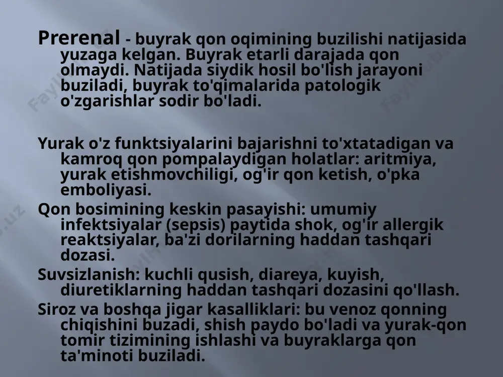 irish kerak, chunki uning metabolik mahsulotlari buyraklarga qo'shimcha stress beradi. 18 bemorning tanasi kerakli miqdordagi kaloriyalarni olishi uchun u uglevodlarga boy oziq-ovqat olishi kerak. sabzavotlar, kartoshka, guruch va shirinliklar tavsiya etiladi. tuz faqat tanada saqlanib qolsa, cheklanishi kerak. optimal suyuqlik iste'moli kun davomida tananing yo'qotadigan miqdoridan 500 ml ko'proq. bemor qo'ziqorin, yong'oq va dukkakli o'simliklardan voz kechishi kerak - ular ham ko'p miqdorda protein manbalari hisoblanadi. agar qonda kaliy darajasi ko'tarilsa, uzum, quritilgan o'rik, mayiz, banan, qahva, shokolad, qovurilgan va pishirilgan kartoshkani chiqarib tashlang. o'tkir buyrak etishmovchiligi prognozi o'tkir buyrak etishmovchiligining og'irligiga va asoratlarning mavjudligiga qarab, bemorlarning 25% dan 50% gacha vafot etadi. o'limning eng keng tarqalgan sabablari: asab tizimining shikastlanishi - uremik koma. qon aylanishining jiddiy buzilishlari. sepsis - bu umumiy infektsiya, "qon zaharlanishi", unda barcha organlar va tizimlar ta'sirlanadi. agar o'tkir buyrak etishmovchiligi asoratlarsiz davom etsa, bemorlarning taxminan 90 foizida buyraklar faoliyati to'liq tiklanadi. sog 'bo'ling!! image2.jpeg image3.jpeg …
