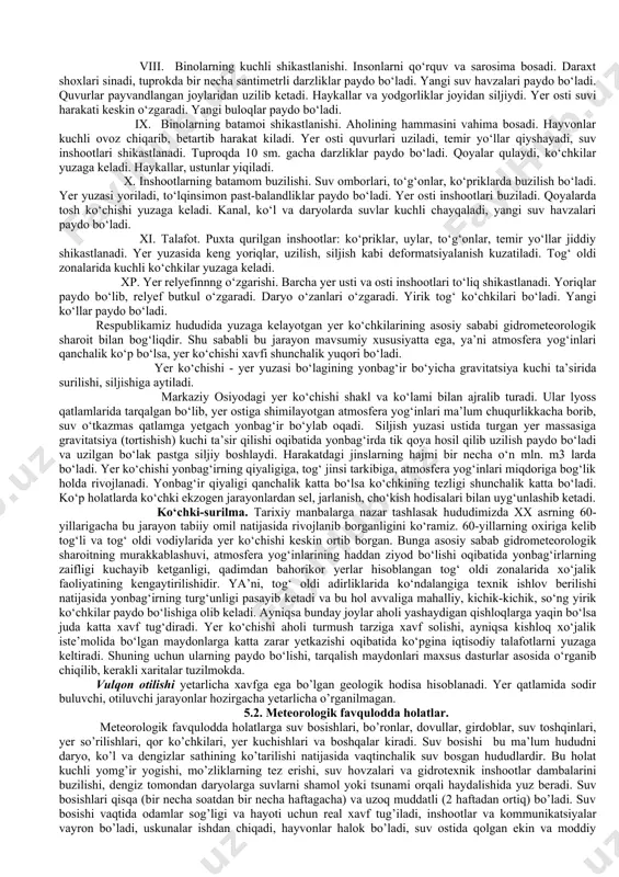 hini ballarda ballarda o‘lchashda seysmograflardan foydalanib, tog‘ jinsi zarrachalarining tebranma harakat tezligi topiladi, ya’ni yozib olingan seysmogarmmalar orqali zarrachalarning tebranish amplitudasi aniqlanadi va shu asosda seysmik to‘lqin tezlanishi quyidagi formula orqali chiqarish mumkin. α = a; α—seysmik to‘lqin tezlanishi, m/c²; t− seysmik tebranish davri, s; a – tog‘ jinsi tezlanish amplitudasi, mm; 𝞹− 3,14. rossiya fa tomonidan kiritilgan 12 ballik shkala bo‘yicha barcha mdh da qo‘llaniladi. o‘zbekistonda msk (medvedev, shponxoyer va karnik) nomi bilan o‘lchanadi. rixter shkalasi bo‘yicha magnituda (m) hisoblanadi. 1935 yil amerika seysmologi ch.rixter nomiga qo‘yilgan. magnituda yer silkinishining umumiy enargiyasini ko‘rsatib, u yerning maksimal surilishamplitudasini logarifmini belgilaydi va mikronlarda aniqlanadi. magnituda gipotsentrdan ajralib chiqqan energiyaga proporsional kattalik hisoblanib, uning maksimal qiymati 9m gacha bo‘ladi. yer silkinishining umumiy energiya miqdori quyidagi formula bilan topiladi: е=𝞹²·ʕ·υ〔〕²; bu yerda; ʕ−yer silkinishining gipotsentrdagi mavjud tog‘ jinslarining zichligi, g/sm²; υ – tog‘ jinslarida seysmik to‘lqinlarining tarqalish tezligi, m/soniya; а− tog‘ jinsi zarrachasi …