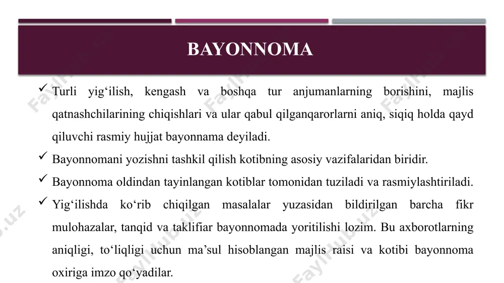 lgan hujjat dalolatnoma deyiladi. dalolatnoma tuzishda asosiy maqsad sodir bo‘lgan voqea-hodisalarni yoki mavjud holatni qonuniy-huquqiy jihatdan isbotlash yoki tasdiqlashdir. dalolatnoma dalolatnomalar tegishli taftish o‘tkazilgandan keyin, rahbarlik almashayotganda, moddiy boyliklarni bir xususiy yoki yuridik shaxsdan ikkinchisiga o‘tkazishda, qurib tugallangan inshootlarni qabul qilishdan oldin va keyin, mashina va uskunalarning yangi nusxalarini sinovdan o‘tkazish chog‘ida, qimmatdor buyumlarni hisobdan o‘tkazish yoki hisobdan chiqarishda, tovarlarni miqdor va sifat bo‘yicha qabul qilib olishda, baxtsiz hodisalar yoki tabiiy ofatlar oqibatini tekshirishda, sud-tergov ishlari va tibbiyot sohasida, xodimlarning moddiy, yashash sharoitlarini o‘rganishda va boshqa hollarda tuziladi. dalolatnoma matnining sarlavhasi «...haqida» shaklida yoki bosh kelishikda («...-ish ahvoli») yoziladi. asosiy matnesa kirish va tasdiq (qayd) qismlaridan iborat bo‘lishi lozim. kirish qismida hujjat tuzilishiga asos bo‘lgan holat ko‘rsatiladi, komissiya tarkibi to‘liq yoziladi. tasdiq qismida komissiya tomonidan amalga oshirilgan ishlar qayd etiladi, aniqlangan holatlar yuzasidan taklif va xulosalar beriladi. matn so‘ngida dalolatnomaning necha nusxada (odatda uch nusxa) tayyorlangani ko‘rsatilishi lozim. vazirlik, yuqori …