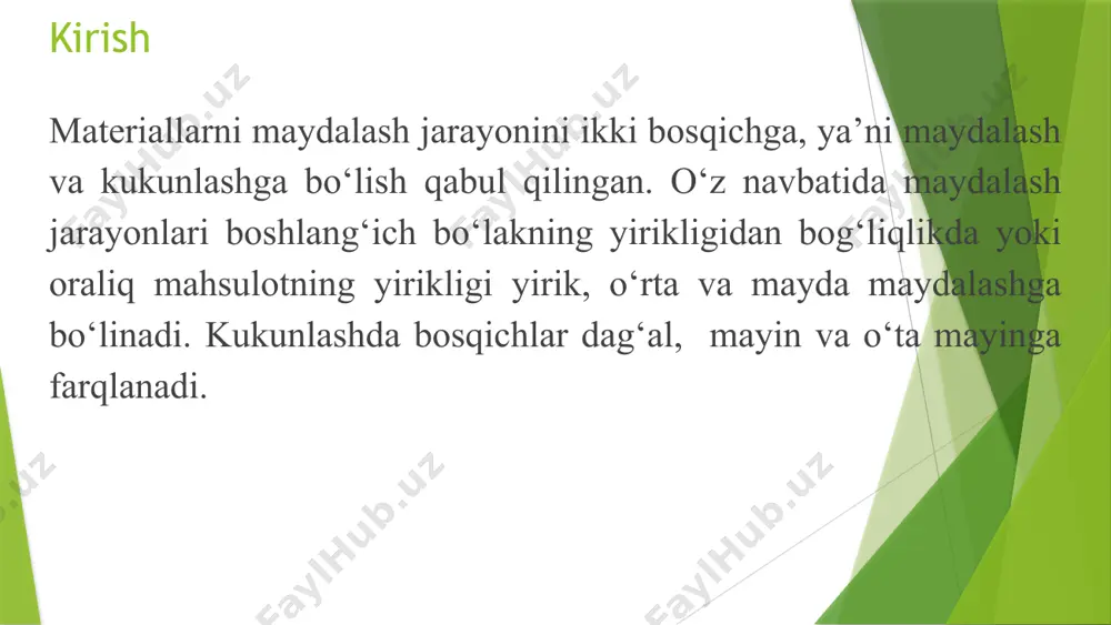 rakatga keltiradi. kukunlanishi kerak bo’lgan material halqaga tushadi. u yerda halqalar va valslar orasiga kirib maydalanadi. bosim prujinalar orqali to’g’irlanadi. halqa ichida maydalanib bo’lgan material pastdagi chiquvchi darcha orqali chiqarilib yuboriladi. bu materiallar vals va halqa orasida qatlamlashib zichlashgani uchun yedirilish oldi olinadi. 1- boshlovchi vals 6- chiquvchi darcha 2- halqa 3- ozod harakatlanuchi valslar 4- prujinalar 5- ta’minlagichli voronka markazdan-qochma sharli tegirmon kukunlab chiqarilgan material tashqariga chiqarib yuboriladi va havo oqimi orqali separatorga purkab yuboriladi. tegirmon elektrodvigatelikamsrli tasma orqali ishlaydi. ba’zi modellar harakatlanmaydigan halqalar ichida aylanishi mumkin, lekin bu prinsip bo’yicha ular yuqorida ko’rsatilgan prinsipdan farq qilmaydi. uch valli halqali tegirmon tegirmon elektrodvigateldan harakatga keladi. muftaga uzatish orqali val harakatga keltiriladi. tegirmon mustahkam poydevor kerak bo’lgani uchun katta prujinada ishlaydi. maydalanishi kerak bo’lgan material korpusga yuklanadi. muvozanatlanmagan korpus aylanishni boshlaganda aylanuvchi tebranuvchi harakatlar vujudga keladi. tegirmon katta chastotalarga yetishi orqali materiallar murakkab harakatlar bajarib, to’qnashib urilib maydalanib kukunladilar. eng …
