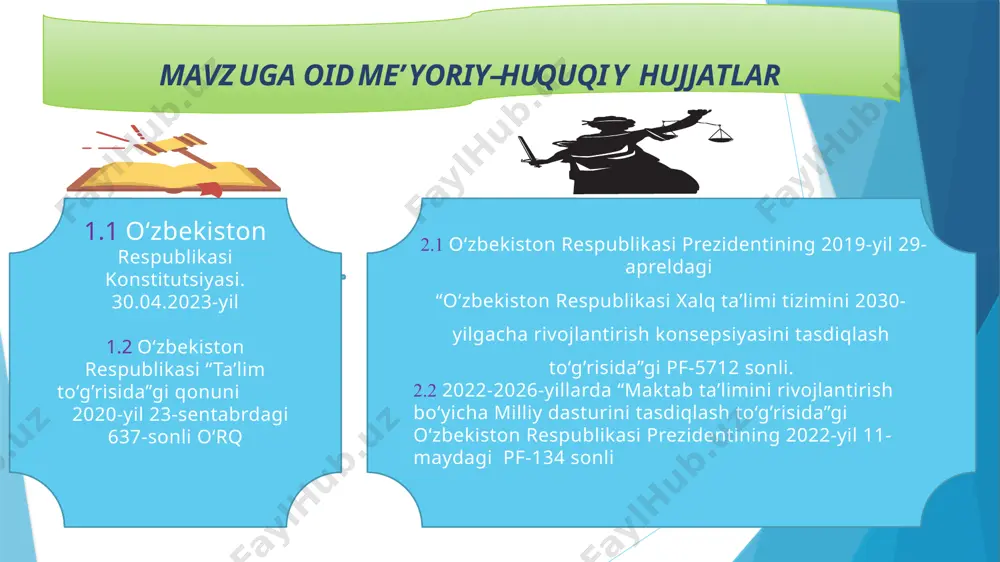 icha konsultatsiyalar tashkil etiladi. finlyandiya ta'lim tizimi mahalla va maktab o‘rtasidagi hamkorlikni yuqori darajada rivojlantirgan. maktablar va jamoalar o‘rtasidagi kuchli hamkorlik o‘quvchilarning rivojlanishiga ijobiy ta'sir ko‘rsatmoqda. mahalla rahbarlari va ota-onalar o‘qituvchilar bilan birgalikda ta'lim sifatini yaxshilash uchun turli tashabbuslarni qo‘llab-quvvatlaydi. buyuk britaniyada ham mahalla va maktab o‘rtasidagi hamkorlik o‘qituvchilarga va ota-onalarga ta'lim jarayonini yaxshilashda yordam beradi. mahalliy hokimiyatlar va ijtimoiy xizmatlar jamoalar bilan birgalikda ishlaydi, va ba'zan maktablar, o‘qituvchilar va mahalla rahbarlari o‘quvchilarning ta'lim va salomatligini yaxshilashga qaratilgan rejalar ishlab chiqishadi. t/r amaldagi holat (o‘zbekistonda) amaldagi holat (xorijda) taklif 1 o‘zbekistonda maktab-oila-mahalla hamkorligida javobgarlik maktab zimmasidaligi, mahallava oila majburiyatlarida oqsoqliklar mavjudligi, ota-onalar majlislarida qatnashish davomati pastligi, o‘tkaziladigan tadbirlarning natijadorligining pastligi germaniya maktablarida tarbiyasi og‘ir o‘quvchilar mavjud. ota-ona bilan bolaning rivojlanishi haqida suhbat o‘tkazishadi. suhbat ikki bosqichda “hard skils” (bolaning rivojlanishi, fanni o‘zlashtirishi, uning baholari haqida) va “sof skils”(bolaning xulq-atvori haqida) tarzida bo‘ladi. bunday o‘quvchilar maktabda tengdoshlarining ta’lim-tarbiya olishida salbiy tasir …