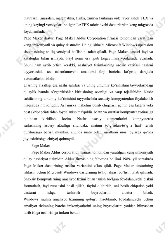 qilish, faylni o’chirish, uni bosib chiqarish yoki dasturni ishga tushirish buyruqlarini albatta biladi. windows muhiti amaliyot tizimning qobig’i hisoblanib, foydalanuvchi uchun amaliyot tizimning barcha imkoniyatlarini uning buyruqlarini yoddan bilmasdan turib ishga tushirishga imkon beradi. windows muhitida ishlash uchun sichqonchadan foydalanish juda qulaydir. shu sababdan foydalanuvchi sichqonchadan mohirona foydalana bilishi kerak. sichqoncha yordamida quyidagi 6 ta asosiy harakatni bajarish mumkin: (point) ko’rsatkichni ekranning kerakli joyiga ko’chirish; (click) sichqoncha tugmasini bosib darhol qo’yib yuborish; (double click) sichqoncha klaviaturasini ikki marta tez bosish; (select) biror obyektni tanlash; tanlab olingan surat, matn qismi yoki dasturning grafik simvolini boshqa joyga ko’chirish (drag). buning uchun tanlab olingan obyekt ustiga ko’rsatkichni olib borib, sichqoncha tugmasi bosiladi va obyektni kerakli joyga ko’chiriladi, so’ngra sichqoncha tugmasi qo’yib yuboriladi. matnni sahifaga joylashtirish (flow). page maker dasturida katalog va fayllar bilan ishlaydi. fayl nomi. pub kengaytmasi bilan yoziladi. misol uchun: sample1.pub. boshqa katalogga o’tish uchun sichqoncha yordamida ko’rsatkichni muloqot oynasidagi «|» …
