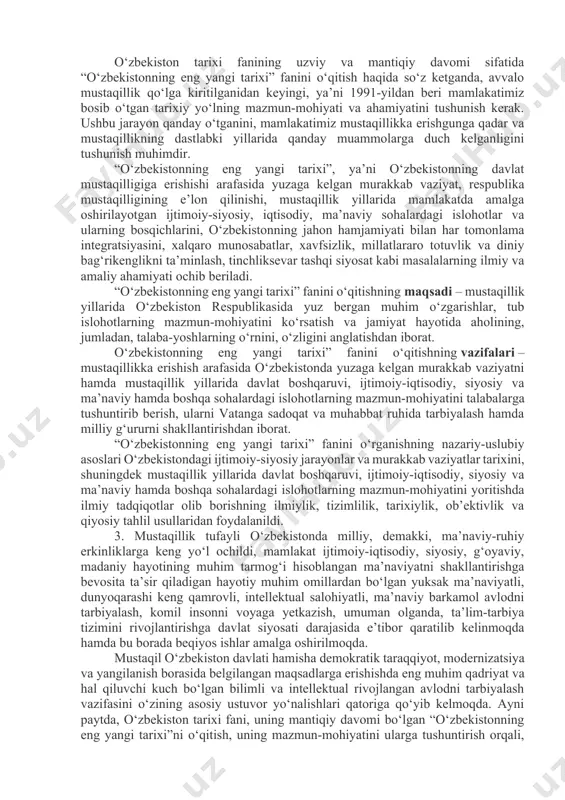 qli o‘laroq mustaqil fan. bu uning o‘rganish predmeti hamda vazifasida to‘la namoyon bo‘ladi. u fan sifatida o‘zining butun diqqat e’tiborini faqat o‘tmishga qaratadi, undan saboq beradi, xulosi chiqaradi, ajdodlarimiz yaratgan madaniy, ma’naviy-mafkuraviy qadriyatlarni o‘rganadi. o‘zbekiston tarixi fani o‘ziga xos xususiyatlari bilan ajralib turadi. o‘zbekiston tarixini o‘rganish predmetiga vatanimiz hududidagi jamiki xilma-xil voqea va hodisalar, ulardagi umumiy aloqadorlik va yaxlit birlik hamda qonuniyatlar va jarayonlar, umuman, xalq va insonning yaratuvchanlik faoliyati kiradi. aniq tarixiy davr, makon, zamon va geografik mintaqaviy chegaralar, ma’lum bir xalq, mamlakat tarixi bilan bog‘liq bo‘lib, shular doirasidagi voqea va hodisalarni yaxlitlikda o‘z ichiga oladi. predmet esa mana shu bir butun zamon va makon ichidagi aniq tarixiy-madaniy jarayondir. tarix bilan boshqa ijtimoiy gumanitar fanlarning o‘rganish ob’ekti bitta, ya’ni jamiyat. shuning uchun ham boshqa fanlar tarix fani taraqqiyotiga, tarixiy haqiqatning ro‘yobga chiqishiga bevosita yordam beradi. shu bilan birga tarix boshqa fanlarning ham tarixidir, chunki ularning hammasi tarixiy ong, tafakkur, …