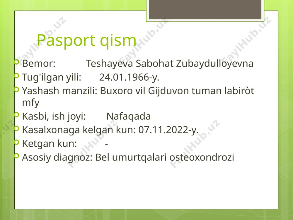 iq qavatlari och pushti rangda toza, periferik limfa tugunlari kattalashmagan. suyak-bo'g'im sistemasi deformatsiyasiz. gavdasi normostenik. o'pkasida vezikulyar nafas, nos-18ta/min. yurak tonlari bo'g'iq, puls-80ta/min, ritmik a/b- 130/90mm.sim.ust. qorni yumshoq, og'riqsiz, jigar va taloq paypaslanmaydi. ich kelishi va diurez regulyar. nafas olish sistemasi nafas olish burni orqali ravon, nafas harakatlari ko'krak tipida, ko'krak qafasi simmetrik, silindrik. gavdasi normostenik. ko'krak qafasi palpatsiyada ovoz dirillashi va ko'krak qafasi rigidligi normada, perkussiyada aniq o'pka tovushi, o'pka chegaralari normada auskultatsiyada vezikulyar nafas nafas olish soni-18 ta/min. o'pka chegaralari o'ng chap lin. clavicularis 6 - lin. axillaris anterior 7 7 lin. axillaris media 8 8 lin. axillaris posterior 9 9 lin. scapularis 10 10 lin. paravertebralis 11 11 yurak-qon tomir sistemasi shikoyati yo'q. yurak chegaralari normada, yuqori chegarasi chapdan to'sh qirrasi bo'ylab 3qovurg'aga, chap lin. clavicularis sinistradan 1sm tashqarida, o'ng chegarasi to'sh qirrasidan 1sm ichkarida. perkussiyada yurak maydoni sohasida absolyut bo'g'iq tovush. auskultatsiyada yurak cho'qqisida, aortal klapan …