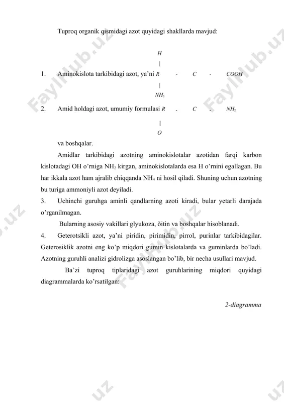 chun azotning bu turiga ammoniyli azot deyiladi. 3. uchinchi guruhga aminli qandlarning azoti kiradi, bular yetarli darajada o’rganilmagan. bularning asosiy vakillari glyukoza, õitin va boshqalar hisoblanadi. 4. geterotsikli azot, ya’ni piridin, pirimidin, pirrol, purinlar tarkibidagilar. geterosiklik azotni eng ko’p miqdori gumin kislotalarda va guminlarda bo’ladi. azotning guruhli analizi gidrolizga asoslangan bo’lib, bir necha usullari mavjud. ba’zi tuproq tiplaridagi azot guruhlarining miqdori quyidagi diagrammalarda ko’rsatilgan: 2-diagramma azot guruhlarining miqdori, kg/ga y a lp i a z o t a m in o g u r u h la r a z o t i a m m o n iy li a z o t a m in o q a n d li a z o t g id r o liz la n m a y d ig a n a z o t c h im li p o d z o l tu p r o q …