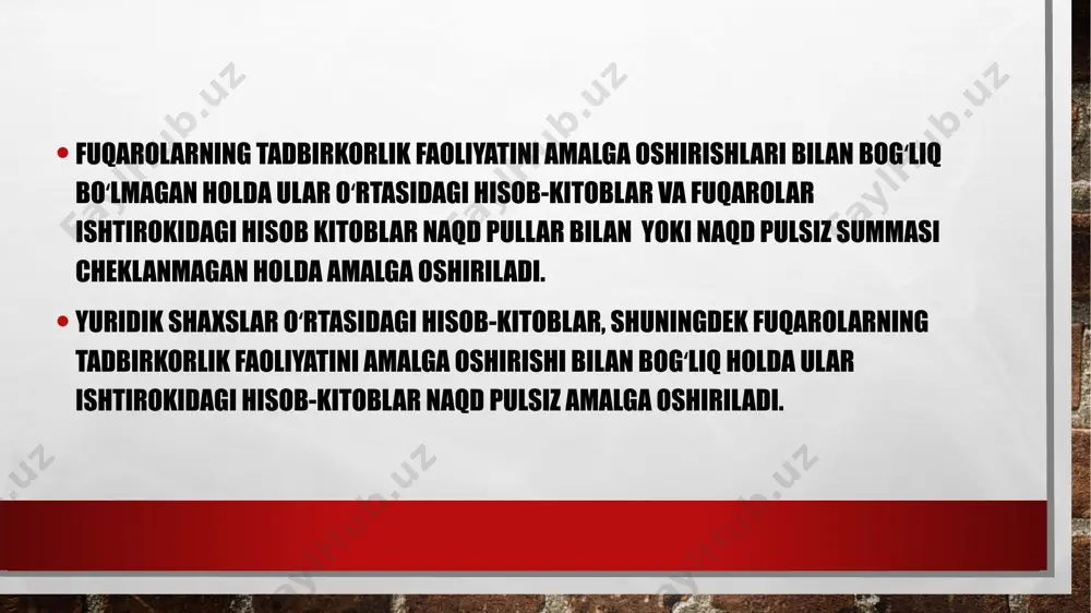 o‘lov amalga oshirilgandan so‘ng, to‘lov topshiriqnomasining: birinchi nusxasi bankning buxgalteriya kunlik hujjatlar yig‘majildiga tikib qo‘yiladi; ikkinchi nusxasi mablag‘larni to‘lovchining shaxsiy hisobvarag‘idan ko‘chirmaga ilova qilingan holda mablag‘larni to‘lovchiga taqdim qilinadi. tizimdan foydalanuvchilardan umumiy foydalanishdagi telekommunikatsiya tarmoqlari orqali olingan elektron shakldagi to‘lov topshiriqnomasi dasturiy nazoratdan o‘tkaziladi va qayta ishlash uchun uzatiladi. elektron shakldagi to‘lov topshiriqnomasi to‘lov amalga oshirilganidan so‘ng, ro‘yxat ko‘rinishida chop etiladi va bankning buxgalteriya kunlik hujjatlar yig‘majildiga tikib qo‘yiladi. mablag‘larni to‘lovchining banki tomonidan ijro etilgan to‘lov topshiriqnomasining nusxasini mablag‘larni to‘lovchiga uning shaxsiy hisobvarag‘idan ko‘chirmaga ilova qilgan holda taqdim etish tartibi mijoz va bank o‘rtasida tuziladigan shartnomada belgilanadi mablag‘larni oluvchining bankiga to‘lov tizimi orqali kelib tushgan elektron shakldagi to‘lov topshiriqnomalari ro‘yxat ko‘rinishda chop etiladi va bankning buxgalteriya kunlik hujjatlar yig‘majildiga tikib qo‘yiladi. mablag‘larni oluvchining bankiga to‘lov topshiriqnomasi kelib tushganligi haqida mablag‘larni oluvchiga xabar berish hamda to‘lov topshiriqnomasining nusxasini mablag‘larni oluvchiga uning shaxsiy hisobvarag‘idan ko‘chirmaga ilova qilgan holda taqdim etish tartibi mijoz …