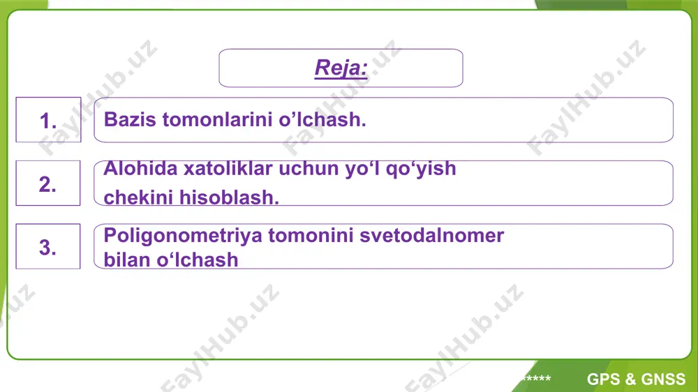 gulyatsiya o‘rniga poligonometriya barpo qilinadi. poligonometriya yo‘li siniq chiziq ko‘rinishida barpo qilinadi. bunda hamma qayrilish burchaklari va ular orasidagi masofalar o‘lchanadi. poligonometriyaning mohiyati. 1-klass triangulyatsiya zvenosi cho‘zilgan va 10 ta tomondan ortiq bo‘lmasligi kerak. 2-klass poligonometriya to‘ri 1-klass triangulyatsiya va poligonometriya poligoni ichida barpo qilinadi. 3-klass poligonometriya yo‘llari 2-klass poligonometriya to‘ri ichida barpo qilinishi kerak. uning zichligi 50 km2 ga bitta punkt qilinishi kerak. 4-klass poligonometri­ya yo‘llari 3-va 4-klass poligonometriya punktlari orasida o‘tkaziladi. shaharni syomka qilishda va injener-geodezik ishlar uchun asos qilishda yuqori aniqlikdagi 1-razryadli poligonometriya, 1- va 2-razryadli poligonometriya yo‘llari barpo qilinadi. poligonometriya yo‘llari geometrik formasi bo‘yicha cho‘zilgan va egilgan yo llarga bo‘linadi. nivelirlash yo’lini reperga bog’lash. nivelirlash yo’lidagi biror (bosh) nuqtaning otmetkasini reper yoki marka otmetkasi asosida hisoblash nivelirlash yo’lini reper va markaga bog’lash deb ataladi. topilgan shu otmetka asosida trassadagi piket va plyus nuqtalar otmetkasi hisoblanadi. bog’lashda bir reyka reperga qo’yilib a sanoq olinsa, ikkinchi reyka trassadagi …