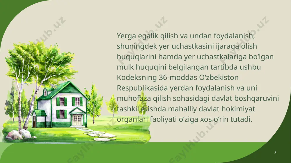 ni to‘xtatib qo‘yishga, shuningdek yerlarni olib qo‘yishga haqli bo‘lib, qabul qilingan bu xususdagi qarorlar xalq deputatlari tegishli kengashi tomonidan tasdiqlanadi. bundan tashqari yer kodeksining sharhlanayotgan 5-moddasida viloyatlar, toshkent shahar davlat hokimiyati organlarining yer munosabatlarini tartibga solish sohasidagi vakolatlari olti yo‘nalishda amalga oshirilishi belgilangan. 6 6 1. tuproq unumdorligini oshirish, yerlardan oqilona foydalanish hamda ularni muhofaza qilish bo‘yicha hududiy dasturlar ishlab chiqish va amalga oshirish. o‘zbekiston respublikasining “mahalliy davlat hokimiyati to‘g‘risida”gi (02.09.1993 y.) qonunining 24-moddasida xalq deputatlari viloyat, tuman, shahar kengashining asosiy vakolati sifatida hokimning taqdimiga binoan, hududni rivojlantirishning istiqbolga mo‘ljallangan dasturlarini, tuman, shaharning bosh rejasi va uni qurish qoidalarini tasdiqlashi, shuningdek, atrof-muhitni muhofaza qilishga doir o‘z vakolatlariga berilgan masalalarni hal etishi ko‘rsatilgan. 25-moddada esa, hokim qishloq xo‘jaligi, yer va boshqa tabiiy resurslardan foydalanish, tabiatni muhofaza qilish, qurilish va boshqa bir qancha sohalarda o‘z vakolatiga berilgan masalalarni hal etishi belgilab qo‘yilgan. 7 7 o‘zbekiston respublikasining 1992 yil 9 dekabrda qabul qilingan …
