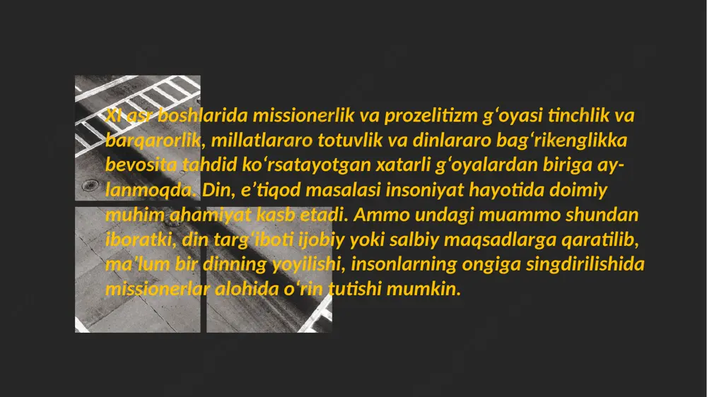 asion texnologik vosita, usullar ishga solinadi. bunda kishilar ruhiyati, ongiga psixologik, neyrolingvistik ta’sir ko‘rsatishga alohida e’tibor beriladi. yuqorida keltirilgan fikrlarga asoslanib xulosa qiladigan bo‘lsak, turli manba va adabiyotlarda bayon etilgan ta’riflar bir-biriga juda yaqin va o‘xshashdir. umuman olganda «missionerlik» — bu bir dinga e’tiqod qiluvchi xalqlar, elatlar, millatlar orasida boshqa bir dinni har xil ijtimoiy vosita va omillar orqali targ‘ib qilish va singdirishga qaratilgan xavfli siyosiy faoliyatdir. chunki uning bugungi kungacha bo‘lgan davrdagi yashirin mohiyati xavfli siyosiy faoliyat ekanligini ko‘rsatib, bir qancha davlatlarda yillar davomida siyosiy beqarorlikni keltirib chiqargan. missionerlarning ko‘zlagan maqsadlari faqat siyosiy bo‘lib, bugunda demokratiyaga oid oddiy bir misol bo‘lib ko‘rinayotgan harakatlarining tagida ertangi kunga mo‘ljallangan, juda katta siyosiy nayranglar yotibdi va bu nayranglar quyidagi yovuz maqsadlarda yashiringandir. birinchidan, an’anaviy musulmon bo‘lib kelgan, mafkurasi, urf-odati, butun boshli ma’naviy tarixiy ildizi bir xil bo‘lgan (aslida, mamlakatimizni kuch-qudrati ham shunda!) xalqimizning yuragini parchalab zaiflashtirish va parokanda qilish hamda turli-tuman siyosiy …