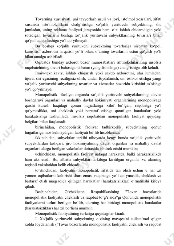 , iste’mol xossalari, sifati xususida, sotish shartlari to‘g‘risida chalg‘itishga olib keladigan ma’lumotlarni ta’kidlaydi. bunday yolg‘on va noaniq ma’lumotlarni tarqatish nafaqat asossiz yomonlangan subyektga, balki chalg‘itishga olib kelingan sotib oluvchiga ham zarar keltirishi mumkin; 2. yuridik shaxsning intellektual faoliyati natijalaridan va ularga tenglashtirilgan individuallashtirish vositalaridan noqonuniy foydalanib tovar sotish. ushbu harakatlar sifatida boshqa xo‘jalik yurituvchi subyektning tovar belgisidan foydalanib o‘z mahsulotini sotish bilinadi. bu esa o‘zbekiston respublikasining 1993 yil 6 mayda (1997 yil 26 dekabrdagi o‘zgartirishlar bilan) qabul qilingan "tovar belgisi va xizmat ko‘rsatish belgilari to‘g‘risida"gi qonuniga zid bo‘lib, ular tovar belgisi egasining mutloq foydalanish va tasarruf etish huquqini tan olib, uning ruhsatisiz ishlatish yoki almashtirib yuborish darajasida unga o‘xshash bo‘lgan belgini xo‘jalik muomalasiga kiritish tovar belgisi egasining huquqlari buzilganligi haqida dalolat beradi va insofsiz raqobatchiga nisbatan javobgarlikni nazarda tutadi. insofsiz raqobatchi tovar belgisining egasi huquqi buzilganligi tufayli va uning talabi bilan, o‘z hisobidan tadbirkorlik obro‘sini tiklagan sud hal qiluv qarorini …