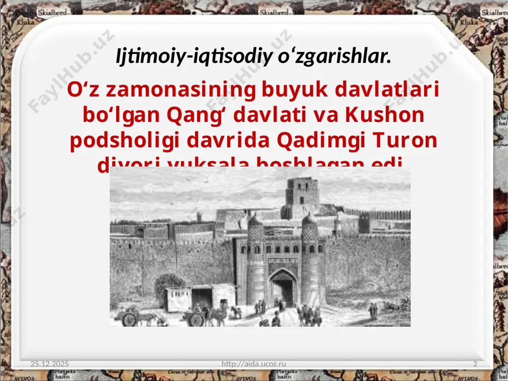 siy qismi hali ham qishloq jamoalarining qaramog‘ida edi. 07.10.2019 http://aida.ucoz.ru 12 v asrning o‘rtalariga kelib, garchi ekin yerlarining ma’lum bir qismi mulkdor dehqonlar qo‘l ostidagi mulklardan iborat edi. 07.10.2019 http://aida.ucoz.ru 13 savol va topshiriqlar: 1. nima deb o‘ylaysiz, nega ilk o‘rta asrlar davrida yuksalish boshlangan? bu yuksalish oqibatida qanday o‘zgarishlar ro‘y berdi? 2. ayting-chi, qishloqlar nufuzining ko‘tarilishiga nimalar sabab bo‘lgan? 3. nega qo‘riq va bo‘z yerlarni o‘zlashtirishda mulkdor tabaqa vakillari, qishloq oqsoqollari hamda qabila boshliqlari faol qatnashadilar? 4. ilk o‘rta asrlarda qishloq jamaolari qanday tabaqalardan tashkil topgan edi? 5. o‘ylab ko‘ring-chi, nega ziroatkor vohalardagi sug‘orma yerlarning asosiy qismi qishloq jamoalarining qaramog‘ida bo‘lgan? http://aida.ucoz.ru 14 image2.jpeg image3.jpeg image4.jpeg image5.jpeg image6.jpeg image7.jpeg image8.jpeg image9.png image10.jpeg image11.jpeg image12.jpg image13.jpeg image14.jpeg image15.jpeg image1.jpeg