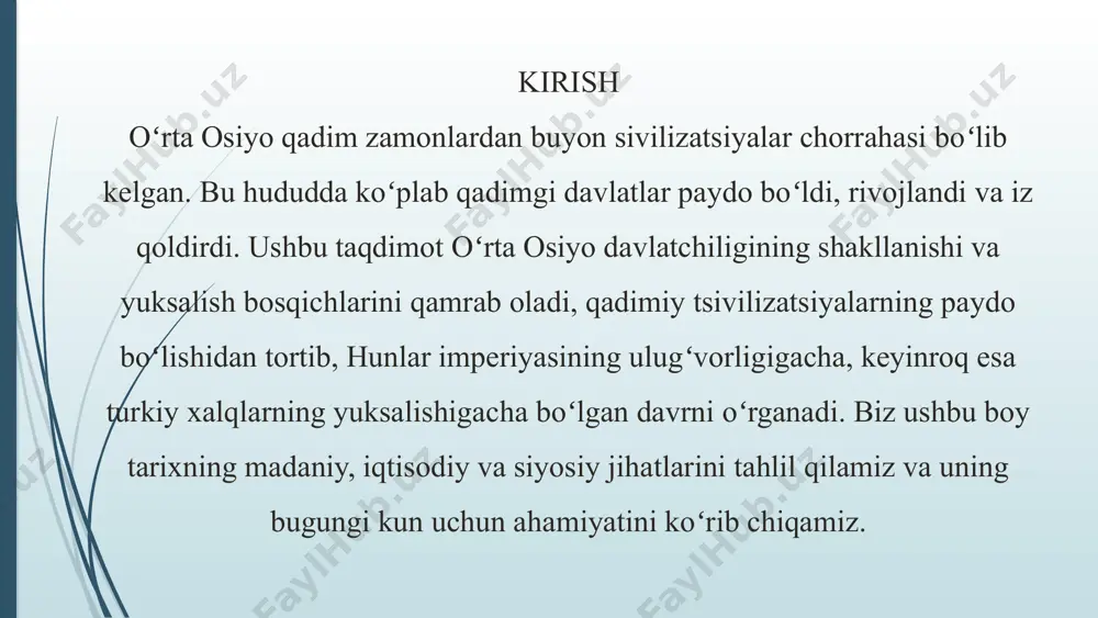 garishlarga, ishlab chiqarish samaradorligining oshishiga va aholi turmush tarzining yaxshilanishiga olib keldi. bronza davri hunarmandchilikning taraqqiy etishi, savdo-sotiq aloqalarining kengayishi va ilk shahar tipidagi aholi punktlarining paydo boʻlishiga zamin yaratdi. arxeologik topilmalar, masalan, sarazm (tojikiston) va gonur-depe (turkmaniston) kabi joylardagi qazilmalar bu davr madaniyatining yuksak darajada rivojlanganligidan dalolat beradi. ayniqsa, baqtriya-margʻiyona arxeologik majmuasi (bmac) bronza davrining eng yorqin namunasidir, u murakkab shahar tuzilmalari, sugʻorish tizimlari va boy madaniy merosga ega edi. bu davrda ijtimoiy tabaqalanish kuchayib, harbiy yetakchilar va ruhoniylarning roli oshdi. 3 hunlar imperiyasi miloddan avvalgi i ming yillik oʻrtalarida oʻrta osiyoning keng dashtlarida koʻchmanchi hun qabilalari birlashib, qudratli harbiy-siyosiy ittifoqni tashkil etdilar. bu ittifoq oʻrta osiyo va sharqiy yevropa tarixiga katta taʼsir koʻrsatdi. hunlar oʻzlarining harbiy mahorati, ayniqsa otliq qoʻshinlarining chaqqonligi va oʻq-yoydan foydalanish texnikasi bilan mashhur edilar. ularning harbiy taktikalari qoʻshni oʻtroq aholi va davlatlar uchun jiddiy tahdid edi. modunning hukmronligi va yuksalish hunlar imperiyasining eng yuqori …