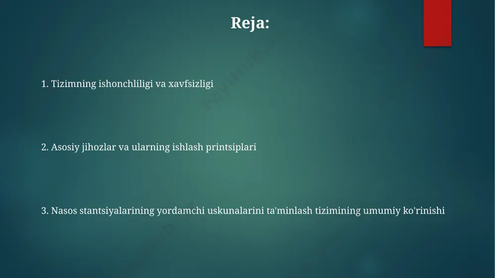 ofaza tizimi nasos stansiyalarining avtomatik o'chirish tizimi 3 fazali elektr ta'minoti uzilishi yoki suv sathining 2 metrdan pastga tushishini aniqlab, 15 soniyadan keyin nasoslarni avtomatik ravishda to'xtatadi. yonuvchan moddalarni aniqlash tizimi 5 ta sensor yordamida gaz yoki bug'ning konsentrasiyasini doimiy ravishda kuzatib boradi va 1% dan yuqori konsentrasiyada avtomatik ogohlantirish va favqulodda to'xtash funksiyasini ishga tushiradi. videokuzatuv tizimi 8 ta yuqori aniqlikdagi kamera yordamida stansiya ichidagi barcha jarayonlarni 24/7 uzluksiz kuzatib boradi va yozuvlarni 30 kun davomida saqlaydi, bu esa xavfsizlikni ta'minlashga yordam beradi. texnik xizmat ko'rsatish va ta'mirlash nasos stansiyalarining yordamchi uskunalarini ta'mirlash va texnik xizmat ko'rsatish jarayonida o'rtacha 5-7% ga yaqin vaqt tejashga erishish uchun zamonaviy diagnostika uskunalaridan foydalanish tavsiya etiladi. texnik xizmat ko'rsatish va ta'mirlash ishlarini bajarish uchun malakali mutaxassislar soni kamida 2 kishi bo'lishi kerak, shuningdek, ehtiyot qismlar zaxirasi 10% dan kam bo'lmasligi lozim. profilaktik texnik xizmat ko'rsatishning 3 bosqichli rejasini (har 3 oyda, har 6 …