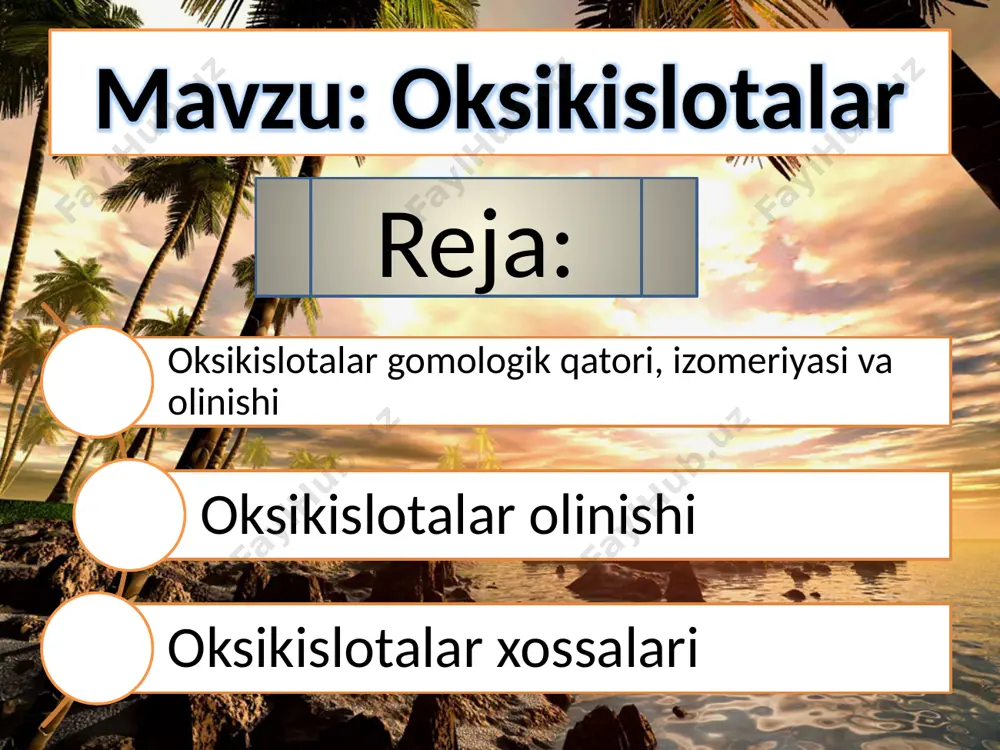 uvchi (+) va chapga buruvchi (-) glitserin al'degidlarining tuzilish formulalarini rus olimi m.a.rozanov taklif qilgan. aim.uz quyida formulalari keltirilgan sut kislotala- rining chapga buruvchisi (-) d qatorga, o`nga buruvchisi (+) l qatorga mansubdir. optik faol birikmalarning absolyut konfiguratsiyasi ifodalarini (r, s) fanga kan, ingol'd va preloglar kiritgan. bu ifodalar soat strelkasi bo`yicha (r) yoki soat strelkasiga teskari (s) ma'nolarini anglatadi. optik faol moddaning absolyut konfiguratsiyasining ifodasini aniqlash uchun asimmetrik uglerod atomiga birikkan atomlar yoki atomlar guruhi ularning atom massalari kamayib boruvchi tartibda joylanadi. aim.uz tetraedrga eng kichik atom massaga ega bo`lgan guruhga teskari tomondan qarab, atom massasi katta guruhdan atom massasi kichik guruhga tomon aylanma yuriladi. bunda l(+) sut kislotasi absolyut konfiguratsiyasining ifodasi s, d(+) sut kislotasi absolyut konfi-guratsiyasining ifodasi r bo`ladi. aim.uz sut kislota tarkibidagi asimmetrik uglerod atomi bilan birikkan guruhlar atom massalarining kamayib borishi bo`yicha quyidagi qatorga joylashadi: -oh>-cooh>ch3>h sintetik usul bilan sut kislota olinganda o`ngga va chapga …