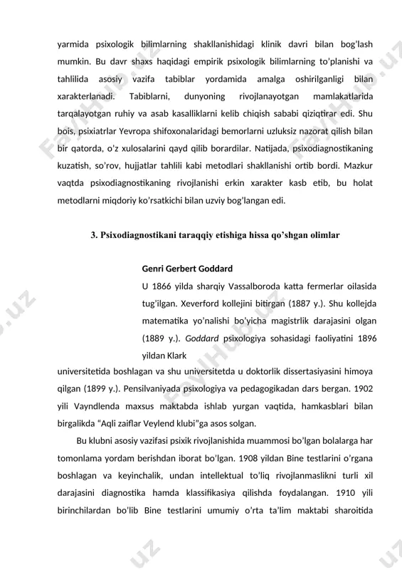 ktabi sharoitida ishlatgan. bundan tashqari u mazkur testni amerikaga kirib keluvchi immigrantlarni o’rganish jarayonida ham qo’llagan. 1917 yili harbiy xizmatga chaqiriluvchilar intellektini aniqlashda ishlatiladigan testni yaratuvchi amerikalik yetti psixologni biri bo’lgan. 1918 yil ogayodagi yoshlarni o’rganuvchi byuroni boshlig’i hamda 1922 yili ogayo universitetini professori lavozimida ishlagan. 1927 yilda u o’zining aqli zaiflikka doir bo’lgan ko’pgina xulosalari xatoligini tan olgan. shunga qaramasdan, goddard izlanishlarining testga doirlari, intellekt psixodiagnostikasini rivojlanishida ahamiyati katta bo’lgan. genri gerbert goddard 1957 yilda vafot etgan. lyuis medison termen 1877 yil indianada fermerlar oilasida tug’ilgan. indianadagi denvill markaziy kollejida ta’lim olgan va o’qituvchilik kasbini egallagan. indiana universitetidan bakalavr va magistr darajasini olgan. 1903 yil klark universiteti doktaranturasiga o’qishga kirib, doktorlik dissertasiyasini “psixologik test” (1905) mavzusida yoqlaydi. 1906 yildan boshlab los-anjelosdagi pedagogika kollejining professori bo’lgan. to’rt yil o’tganidan so’ng u stenforddagi universitetga o’qituvchilik lavozimiga taklif qilinib, bine shkalasini modifikasiyalash bilan shug’ullanadi. birinchi jahon urushi davrida armiyada qo’llaniladigan testlarni qayta …