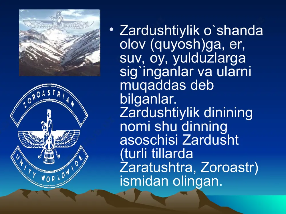 oddiy olam yaratilishining uch gahanbori bo’lib, uning manosi ‘g’alla yig’ish’ demakdir. yaralishning bu jarayoni yilning 176-kunidan 180-kunigacha 5-kun davom etgan. patyaxshimda axura mazda yerni yaratgan. patyaxshim * moddiy olam yaralishining to’rtinchi gahanbori ‘ayosrim’ deb nomlanib, uning manosi ‘uyga qaytish’ demakdir. yaralishning bu bosqichida chorva suvurlari yozgi o’tlovda uyga qaytganlar.’avesto’da bu gahanbor ‘ayosrima’ shaklida ham uchraydi. ‘ayosrima’da axura mazda o’simliklar dunyosini yaratgan. * olamning vujudga kelishida beshinchi gahanbor bo’lib, uning manosi ‘yilning o’rtasi ‘ demakdir midyorim yilning 290-kunidan 294-kunigacha 5 kun davomida yoz bergan. bu jarayonda axura mazda hayvonot dunyosini yaratgan va uni inson olamining bir bo’lagi, farovon turmushning zarur sharti qilib qo’yadi. midyorim * xamaspantmadam moddiy olam vujudga kelishning oxirgi va yuksak bosqichi bo’lib, uning ma’nosi ‘barcha mavjudotning’ demakdir. bu jarayon yilning 360-kunidan 365-kunigacha 5-kun davom etgan va unda axura mazda yer yuzasida kayumars va uning avlodi odamni yaratgan. ‘avesto’ – tarix va ma’naviy dunyomiz sarchashmasi. ‘avesto’da bayon qilinishicha moddiy …