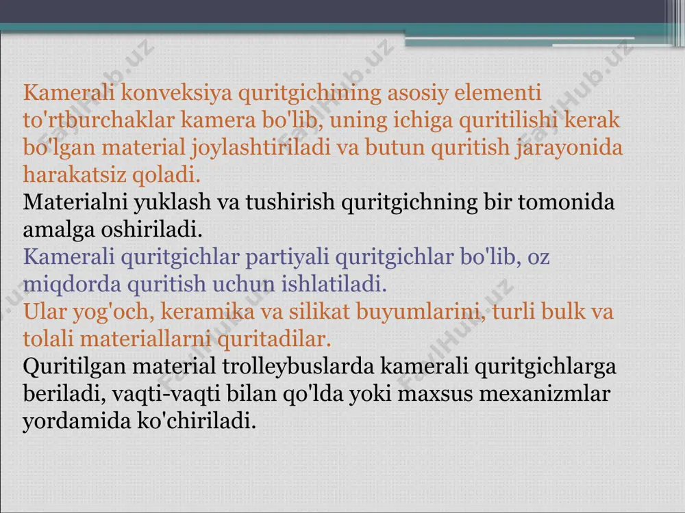 ylanadigan roliklar mavjud. roliklarning yuzasida, bir inqilobdan kamroq, nozik bir qatlamda qo'llaniladigan material quritiladi. quritilgan material, kazıyıcı yoki maxsus pichoqlar yordamida rulondan o'chiriladi . axborot manbalari: 1. bushmelev v.a. pulpa va qog'oz ishlab chiqarish uchun jarayonlar va qurilmalar. texnik maktab o'quvchilari uchun darslik. - m.: yog'och sanoati, 1985.- 335-bet 2. golubkov b. n. sanoat korxonalarini isitish uskunalari va issiqlik ta'minoti. texnik maktab o'quvchilari uchun darslik. - m.: energetika, 1992.- 423-bet image3.jpeg image4.jpeg image5.jpeg image6.jpeg image7.jpeg image8.jpeg image9.jpeg image10.jpeg image11.jpeg image12.jpeg image13.jpeg image14.jpeg image15.jpeg image2.jpeg