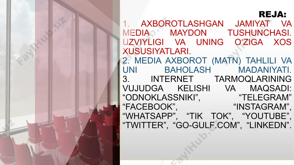 dia makonining asl kontseptsiyasi chizmasi. 5 6 tahlil juda muhim bo’lib u sizga ba'zi narsalarni yoki ma’lumotlar nima uchun , qanday ta'sir qilishini va qanday javob berishni tushunishga yordam beradi. media tahlili aniq bir sohaga qaratilgan: media landshaft. bu landshaft tahririyat ommaviy axborot vositalaridan iborat –ma’lum bir guruhlar o’rtasidagi online suhbatlar, yangiliklar maqolalarining xususiyatlari, fikr-mulohazalar ustunlari, muharrirga xatlar, radio eshittirishlar va boshqalar shuningdek, twitter , instagram , facebook va youtube kabi ijtimoiy tarmoqlarni o’z ichiga oladi. kontent tahlilining ko'plab ta'riflari mavjud, ammo avstraliyadagi sidney texnologiya universitetining jamoatchilik bilan aloqa bo'yicha professori jim maknamara tomonidan taklif qilingan ta'rif juda tushunarli. u kontent tahlilini "ma'lum bir joyda ma'lum bir mavzu bo'yicha aytilgan narsalarni optimal ob'ektivlik, aniqlik va umumiylik bilan tavsiflashga qaratilgan uslub" deb ta'riflaydi. boshqacha qilib aytadigan bo'lsak, agar u to'g'ri va mantiqiy bo'lsa, media tahlil sizga kim nima haqida qay tarzda , qachon va qaerda aytilganligi asosida sizning xulosangizga bevosita bog’liq …