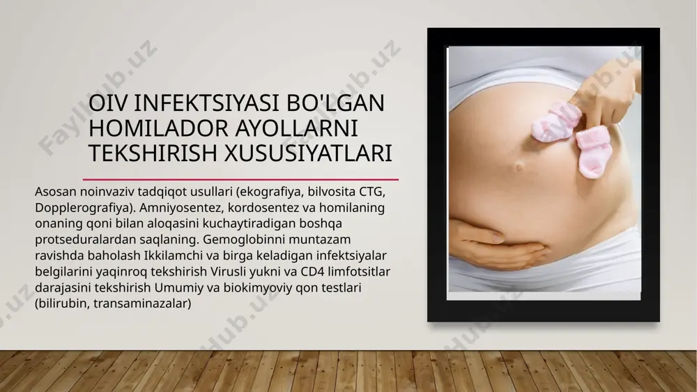 sxadan yuqori; ivb bosqichida, cd4 soni va virusli yuk darajasidan qat'i nazar. tug'ish paytida oiv infektsiyasining onadan bolaga yuqishi uchun xavf omillari: uzoq suvsiz interval; tug'ruq paytida arv profilaktikasi yo'qligi; invaziv muolajalar: membranalarni ochish (amniotomiya), perineumni ajratish (episio- yoki perineotomiya). кесарево сечение ko'rsatkichlar:homiladorlik davrida oiv infektsiyasini davolash bo'lmasa;1000 nusxa / ml dan ortiq virusli yuk bilan.operatsiya homiladorlikning 38-haftasida amalga oshiriladi. gemostatik sezaryenning xususiyatlari: qorin old devorida uzunlamasına kesma qilish afzaldir;tomir qisqichlaridan foydalaning;amniotik membranalarni shikastlamaslik uchun bachadonga qaychi bilan kesma qiling;xomilani olib tashlashdan oldin, bachadondagi kesma ustiga doimiy tikuv qo'yiladi - gemostatik tikuv;tikuvni qo'llaganidan so'ng, jarroh qo'lqoplarni o'zgartiradi va yarani qoplaydi;amniotik suyuqlik teshiladi va so'riladi - chaqaloq quruq tug'iladi;vertikal uzatish darajasi – 1,2%. orin bo'shlig'ida tug'ruq paytida antibiotiklar profilaktikasi uchun ishlatiladigan dorilar i-ii avlod sefalosporinlari (sefazolin, sefuroksim) inhibitorlar bilan himoyalangan aminopenitsillinlar (amoksitsillin) (ia)penitsillinlar yoki sefalosporinlarga alerjisi bo'lgan bemorlar uchun operatsiyadan oldin klindamitsin yoki eritromitsin (ia) muqobil rejim sifatida qabul qilinadi. tabiiy …