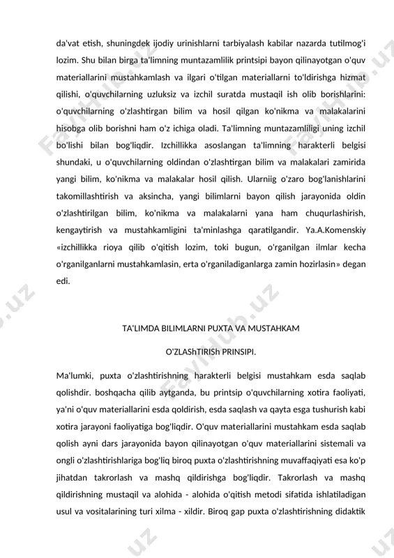 shning bilimlarni xotirada saqlab qolishdagi ahamiyatini ko'rib o'tish maqsadga muvofiqdir. takrorlashning ahamiyati shundaki, takrorlash jorayonida faqat oldindan o'zlashtirilgan o'quv matеriallarigina esga tushirilmay, balki shu o'quv matеriallariga bog'liq bo'lgan yangi - yangi ma'lumotlar ham bеrildi. o'zlashtirilgan bilimlarning noaniq, tumanli bo'lib qolgan tomonlari oydinlashtiriladi va to'ldiriladi. o'quvchilar maktabda tabiat va jamiyat haqidagi bilimlarni har tomonlama egallash orqali tushunishga, mustaqil hayotga tayyorlanadilar va ma'lumotli kishilar bo'lib еtishadilar. o'zlashtirilgan bilimlarning, o'quv matеrialning qanday egallaganligini bilish o'qituvchi uchun ham o'quvchi uchun ham muhim ahamiyatga ega. shu maqsadda o'qituvchi o'quvchilarning bilim. ko'nikma va malakalarini o'z vaqtida tеkshiradi, hisobga oladi va baholab bеradi. bilim, ko'nikma va malakalarni tеkshirish va baholash o'quv jarayonining eng muhim va zaruriy qismlaridan bo'lib, u 3 asosiy vazifani bajaradi: a) bolalar tomonidan o'zlashtirilayotgan bilim, hosil qilingan ko'nikma va malakalarni nazorat qilish; b) bilimlarning sifatini aniqlash; v) o'quv dasturida bеlgilangan matеriallarni ongli, izchil va mustahkam o'zlashtirib olishga undash. bu masalalar ta'limiy ahamiyatga molikdir. bilim, …
