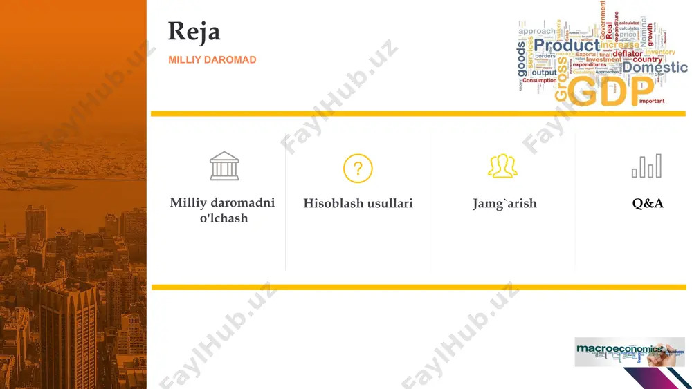 rangeinc va juiceinc deb nomlangan ikkita korxona mavjud bo'lgan iqtisodiyotni tasavvur qiling. macro… milliy daromadni qanday o'lchash mumkin? daromad usuli. (the income approach); daromad usuli - iqtisodiy faoliyatni ishlab chiqaruvchilar tomonidan olingan barcha daromadlarni, shu jumladan ishchilarning ish haqi va firmalar egalari tomonidan olingan daromadlarni qo'shib hisoblaydi.. xarajatlar usuli. (the expenditure approach); xarajatlar usuli mahsulotning barcha oxirgi foydalanuvchilari tomonidan sarflagan xarajatlarni qo'shish orqali hisoblanadi. milliy daromadlarni hisobga olish national income macro… nima uchun uchta usul teng natijaga olib keladi? buning sababini bilish uchun avvalo ma'lum bir davrda ishlab chiqarilgan tovar va xizmatlarning bozor qiymati bo'yicha xaridorlarning ularni sotib olish uchun sarf qilishi kerak bo'lgan miqdorga teng ekanligiga e'tibor bering. sotuvchining oladigan daromadi xaridorlarning sarf qilgan mablag'iga teng bo'ladi. shuning uchun: jami ishlab chiqarish = jami daromad = jami xarajatlar tenglama milliy daromadlarni hisobga olishning asosiy o'ziga xosligi deb ataladi. milliy daromadlarni hisobga olish national income macro… yaim nima va u …