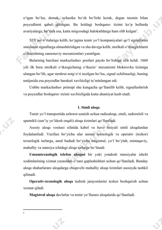 qyosdagi halokatldarga ham olib kelgan[footnoteref:1]. [1: ] xix asr o‘rtalariga kelib, ko‘pgina temir yo‘l kompaniyalari qo‘l signallarini statsionar signallarga almashtirishgan va shu davrga kelib, strelkali o‘tkazgichlarni o‘tkazishning zamonaviy mexanizmlari yaratilgan. bularning barchasi markazlashuv postlari paydo bo‘lishiga olib keldi. 1860 yili ilk bora strelkali o‘tkazgichning o‘tkazio‘ mexanizmi blokirovka tizimiga ulangan bo‘lib, agar mrshrut notg‘o‘ri tuzilgan bo‘lsa, signal ochilmasligi, buning natijasida esa poyezdlar harakati xavfsizligi ta’minlangan edi. ushbu markazlashuv prinsipi shu kungacha qo‘llanilib kelib, signallashtrish va poyezdlar boshqaruv tizimi xavfsizligida katta ahamiyat kasb etadi. 1. simli aloqa temir yo‘l transportida axborot uzatish uchun radioaloqa, simli, radioreleli va sputnikli (sun’iy yo‘ldosh orqali) aloqa tizimlari qo‘llaniladi. asosiy aloqa vositasi sifatida kabel va havo liniyali simli aloqalardan foydalaniladi. vazifasi bo‘yicha ular umum texnologik va operativ (tezkor) texnologik turlarga, amal hududi bo‘yicha magistral, yo‘l bo‘ylab, mintaqaviy, mahalliy va stansiya ichidagi aloqa turlarga bo‘linadi. umumtexnologik telefon aloqasi bir yoki yondosh stansiyalar ishchi xodimlarining xizmat yuzasidan o‘zaro gaplashishlari …