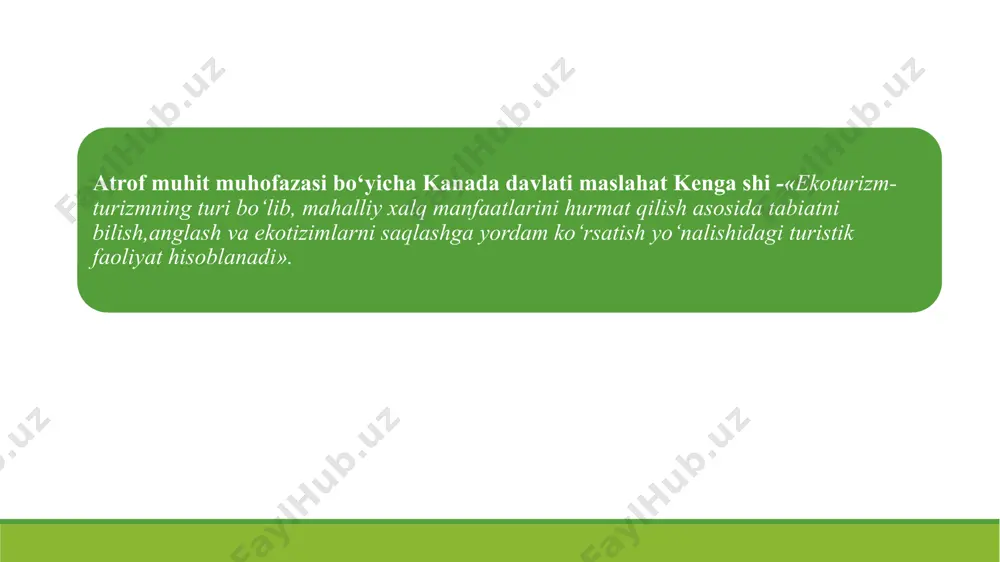 nlaydi. 9 6. umumiy turizmda turistik ob’ekt sifatida hududdagi barcha turistik resurslar, mahalliy aholining umumiy yashash tarzi, urf-odatlari ishtirok etadi. ekoturistik ob’ekt sifatida asosan tabiat, mahalliy aholining etnografik madaniyati va urf-odatlari, ularning yashash tarzi qaraladi. 7. umumiy turizmda turistlarning tabiat bilan munosabati va tabiatga tasiri bo‘lmasligi mumkin. ekoturizm orqali tabiat muhofazasi bevosita va bilvosita ta’minlanadi va uning barcha komponentlari saqlanadi va yaxshilanadi 8. umumiy turizmda shahar va qishloq aholisining yashash tarzi o‘nglanadi va mahalliy iqtisod rivojlanadi. ekoturizm orqali asosan qishloq aholisining yashash tarzi o‘nglanadi va mahalliy iqtisod rivojlanadi. 9.umumiy turizmda tushgan (mablag‘lar) daromadlarning asosiy qismi turistik firmalar faoliyatini o‘nglashga ketadi. ekoturizmda tushgan mablag‘lar (daromad)ning bir qismi turistik firmalar uchun sarflansa,asosiy qismi atrof-muhitni muhofaza qilishga qaratiladi. 10. umumiy turizmda xavf-xatar kam, chunki oldindan rejalashtirilgan turistik marshrutda bu holat ta’minlangan. ekoturizmda xavf-xatarning mavjudligi, chunki oldindan rejalashtirilgan turstik marshrutlarda turli hodisalarning ro‘y berishi, yirtqich hayvonlarga duch kelish hollari, jala, chaqmoq kabi tabiiy ofatlarning …