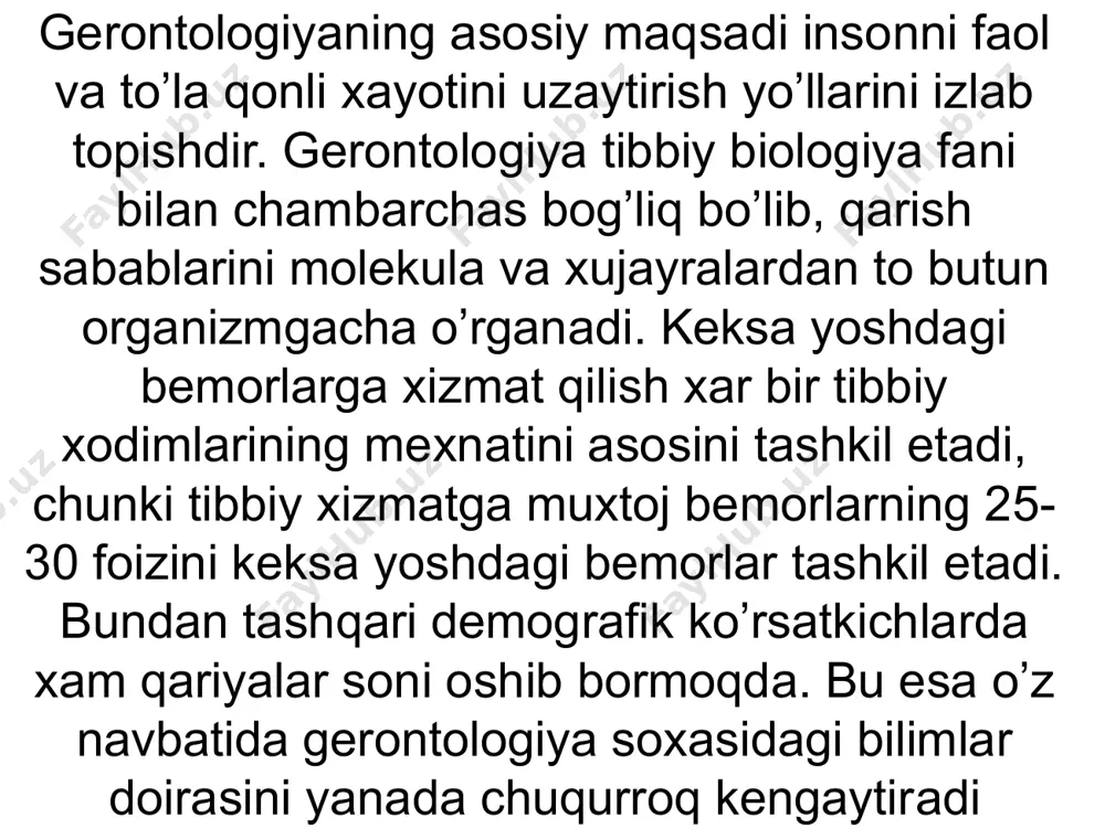 llarda esa 50 yoshda maksimal xolatda bo’ladi. shu bilan bizga ma'lumki, yoshlik davridan yetuklik davriga o’tishda, inson xayotining pasayib borishi 30-35 yoshdan boshlanadi, lekin sezilarli o’zgarishlar 45 yoshdan so’ng boshlanadi. nafaqa yoshiga to’g’ri keluvchi 45-59 yoshni fiziologik va ijtimoiy xususiyatlarga ko’ra «o’rta» yosh deb qarash tavsiya qilinadi. bu davrda odatda turli endokrin o’zgarishlar kuzatilib, klimaks rivojlanishi va qarilik jarayonlariga ta'sir qilishi erkaklarga nisbatan ayollarda kuchliroq namoyon bo’ladi. keksalik yoshi, shuningdek ish qobiliyatining va faollik darajasining saqlanishi bilan xam xarakterlanishi mumkin, bunda xayot siklining oxirgi etapi – fiziologik qarilik 75 yoshdan boshlanishi aniqlangan. uzoq yashovchilar (90 yoshdan yuqori) kechki fiziologik qarilik modeli sifatida qaraladi. gerontologiya adabiyotida “fiziologik“ va “vaqtidan oldingi” qarish terminlari keng ishlatiladi. fiziologik qarish deganda – qarilikdagi o’zgarishlarni asta-sekin rivojlanishi va tabiiy boshlanishi tushunilib, organizmning tashqi muxitga moslashish qobiliyatining cheklanishi tushuniladi. erta qarish – sog’lom odamlar yoshiga nisbatan turli o’zgarishlarni erta paydo bo’lishi tushuniladi. boshqacha qilib aytganda insonning biologik …