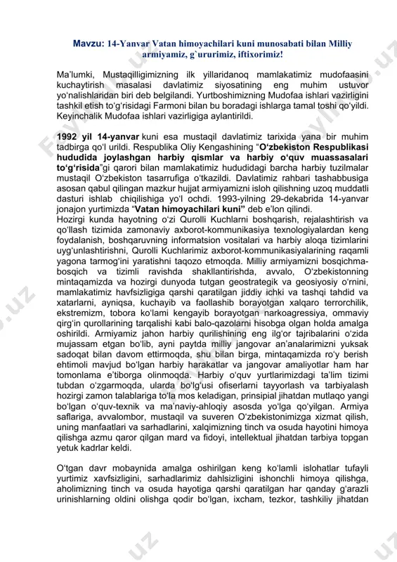 bga olgan holda amalga oshirildi. armiyamiz jahon harbiy qurilishining eng ilg‘or tajribalarini o‘zida mujassam etgan bo‘lib, ayni paytda milliy jangovar an’analarimizni yuksak sadoqat bilan davom ettirmoqda, shu bilan birga, mintaqamizda ro‘y berish ehtimoli mavjud bo‘lgan harbiy harakatlar va jangovar amaliyotlar ham har tomonlama e’tiborga olinmoqda. harbiy o‘quv yurtlarimizdagi ta’lim tizimi tubdan o‘zgarmoqda, ularda bo‘lg‘usi ofiserlarni tayyorlash va tarbiyalash hozirgi zamon talablariga to‘la mos keladigan, prinsipial jihatdan mutlaqo yangi bo‘lgan o‘quv-texnik va ma’naviy-ahloqiy asosda yo‘lga qo‘yilgan. armiya saflariga, avvalombor, mustaqil va suveren o‘zbekistonimizga xizmat qilish, uning manfaatlari va sarhadlarini, xalqimizning tinch va osuda hayotini himoya qilishga azmu qaror qilgan mard va fidoyi, intellektual jihatdan tarbiya topgan yetuk kadrlar keldi. o‘tgan davr mobaynida amalga oshirilgan keng ko‘lamli islohatlar tufayli yurtimiz xavfsizligini, sarhadlarimiz dahlsizligini ishonchli himoya qilishga, aholimizning tinch va osuda hayotiga qarshi qaratilgan har qanday g‘arazli urinishlarning oldini olishga qodir bo‘lgan, ixcham, tezkor, tashkiliy jihatdan mukammal, zamonaviy qurol-yarog‘ va harbiy texnika bilan …